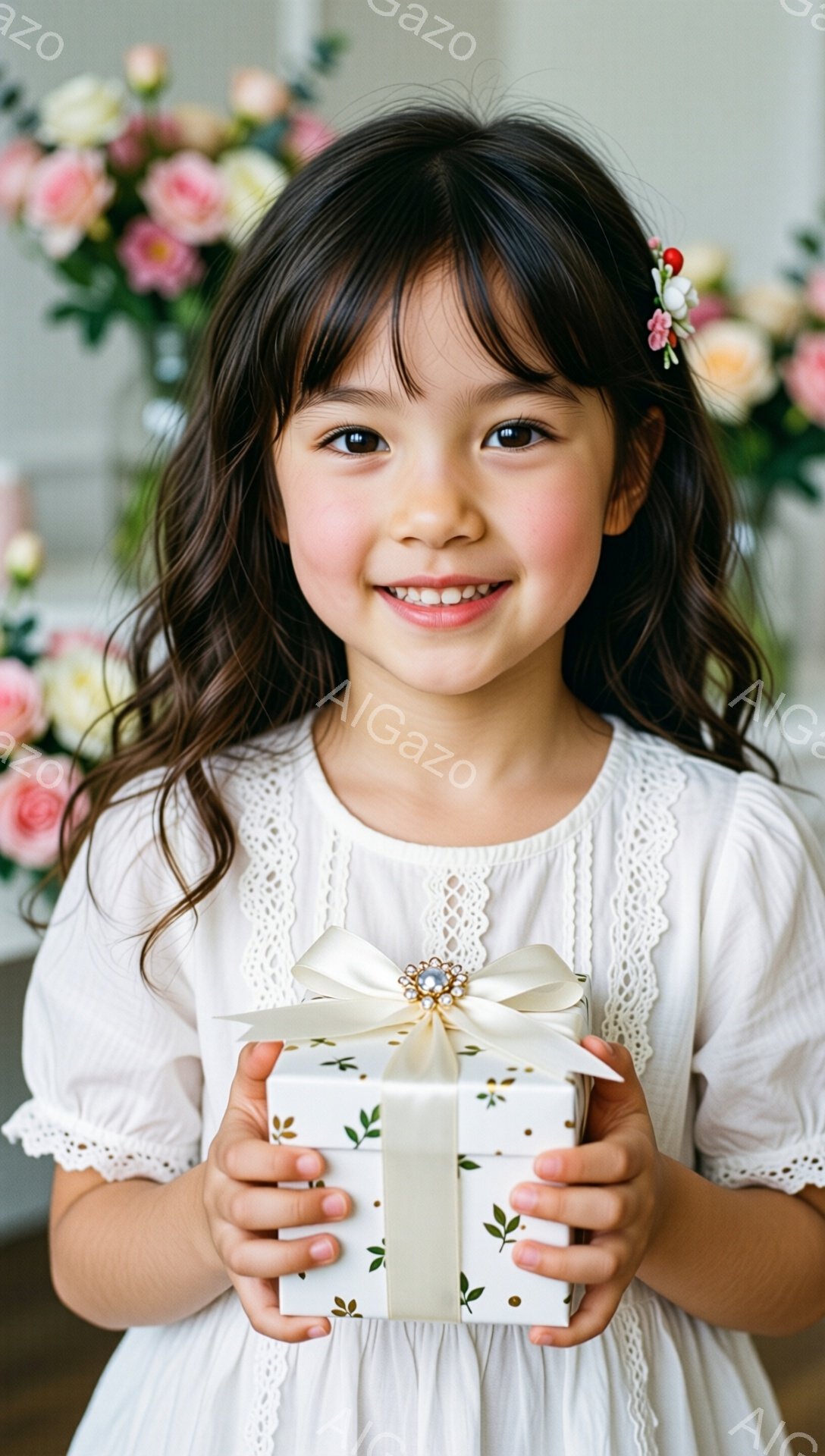 長い黒髪に小さな花飾りをつけた少女が、両手でラッピングされた白いギフトボックスを抱えています。白いレースの襟が特徴的なドレスを着て、満面の笑顔を見せており、幸福感に満ちた表情が印象的です。背景にはピン - AI生成フリー素材