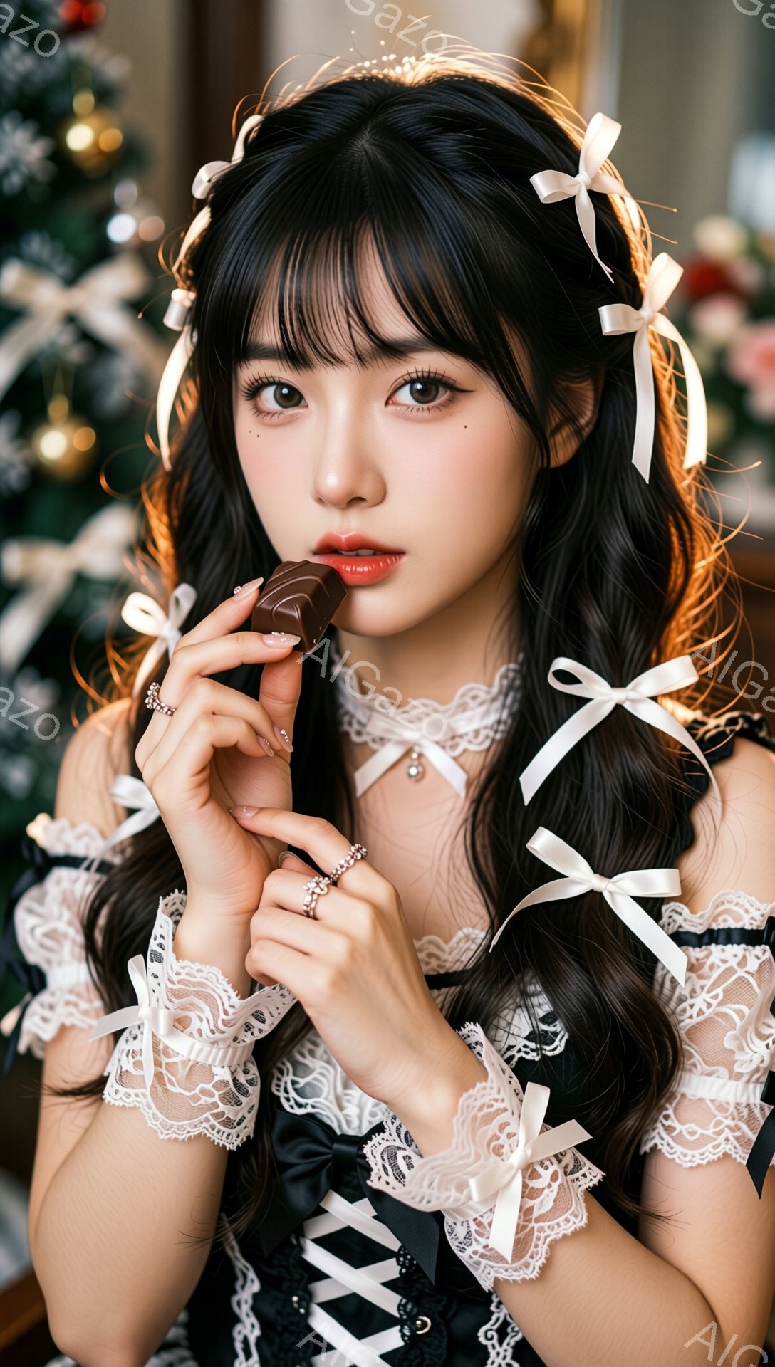 黒いレースのオフショルダーのドレスを着た若い女性が、チョコレートを口に運ぼうとしている姿が描かれています。彼女は黒髪で、髪には白いリボンが飾られており、可愛らしい表情をしています。背景にはクリスマスツリーがぼんやりと見え、温かみのある祝祭の雰囲気が漂っています。