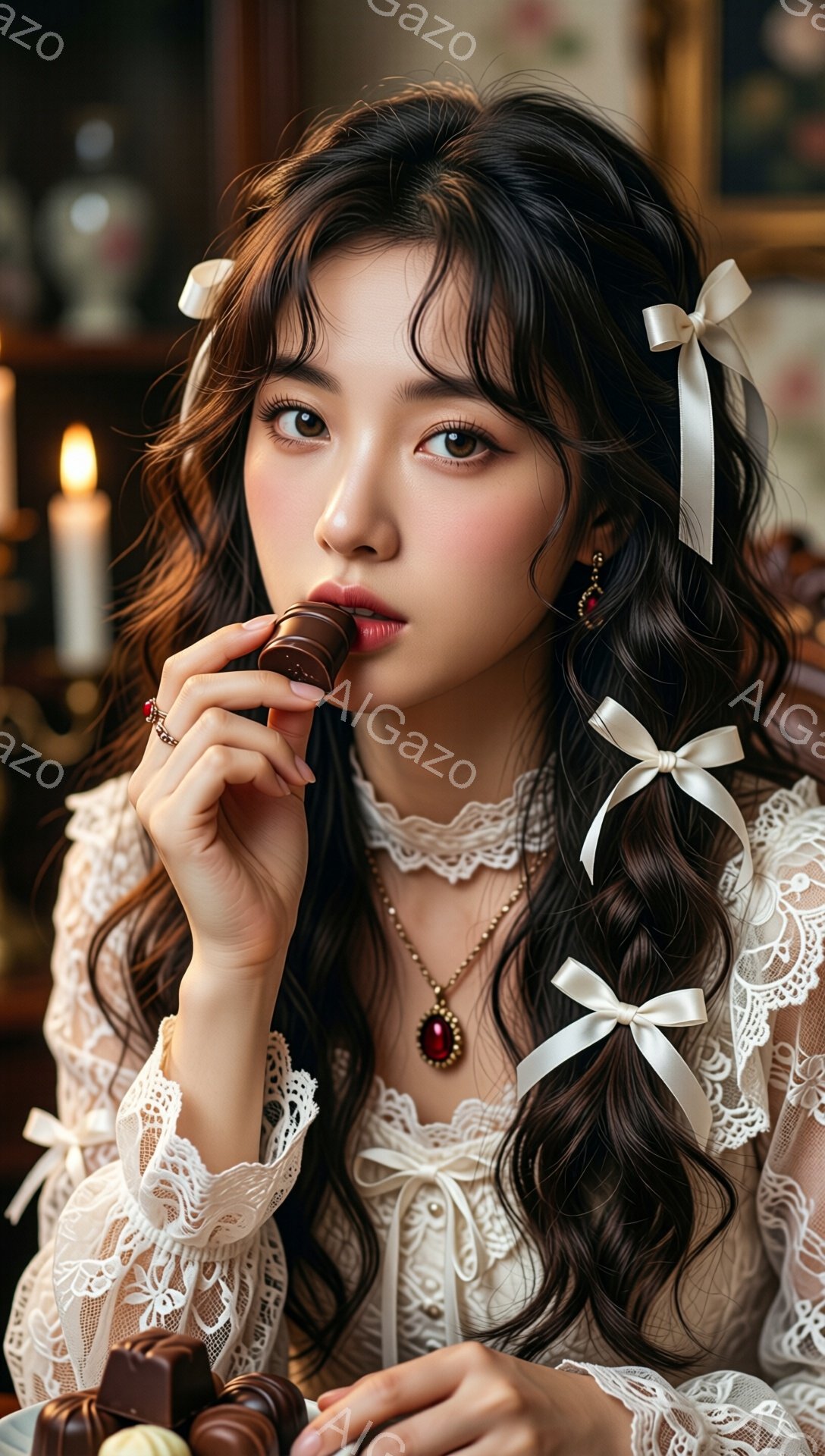 長い巻き毛の髪をリボンで結んだ女性が、チョコレートを口元に運んでいます。 レースの襟が特徴的な白いドレスを身に着け、赤い宝石のネックレスと指輪をしています。 背景にはキャンドルや置物が並び、暖かくクラシカルな雰囲気を醸し出しています。