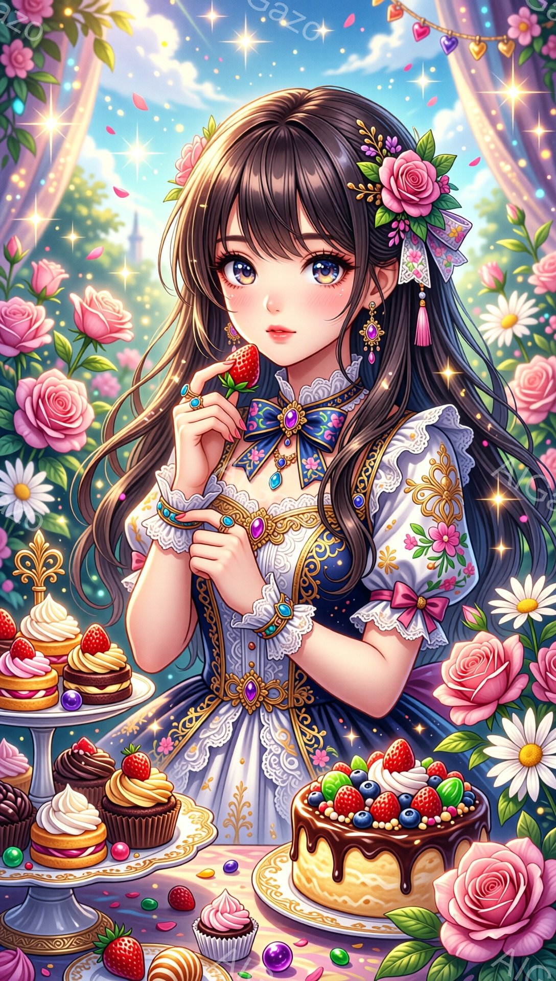 黒髪で花飾りをつけた少女が、華やかなドレスを着て微笑んでいます。彼女はイチゴを手に持ち、楽しそうに見ています。背景には、お城や花々が咲き乱れる美しい庭園が広がっており、空には虹がかかっています。