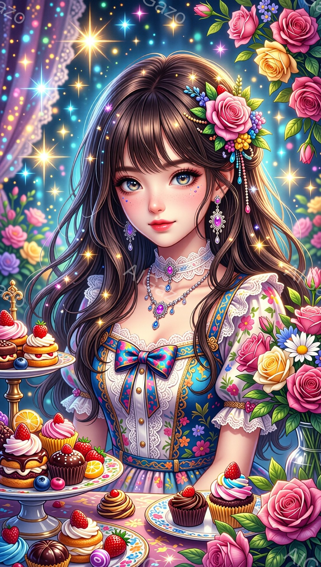 長い巻き毛の髪に花飾りをつけた若い女性が描かれています。彼女はレースの襟とリボンが飾られた青いドレスを着ており、大きな青い瞳と控えめな微笑みを浮かべています。背景には、カラフルな花々が咲き乱れ、ケーキや焼き菓子が並べられたテーブルがあり、華やかで夢幻的な雰囲気が漂っています。
