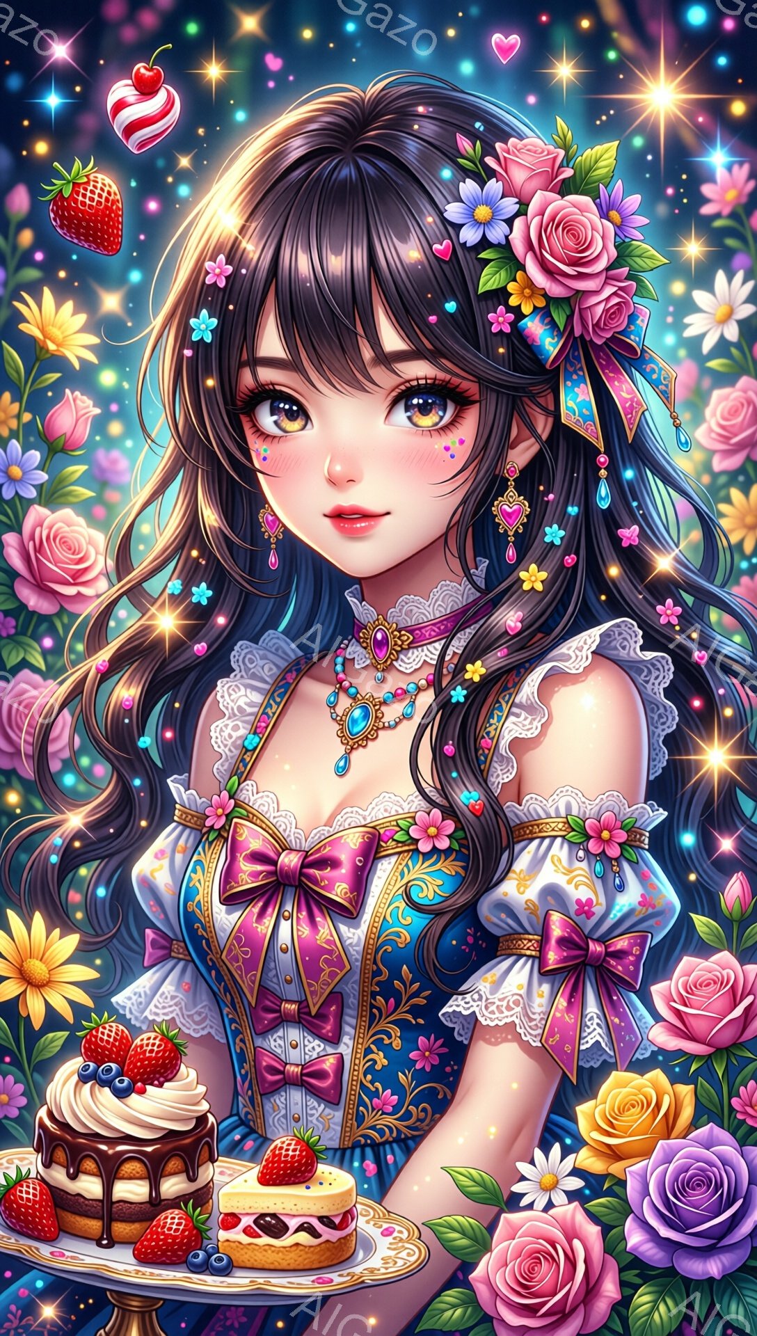 黒髪でカールした髪に、ピンクと青のリボンと花飾りをつけた女性が描かれています。彼女は青と白のコルセット風のドレスを着ており、明るい笑顔を浮かべています。背景には、色とりどりの花々が咲き乱れ、ケーキが置かれたテーブルが、まるで夢のような甘くて華やかな雰囲気を醸し出しています。