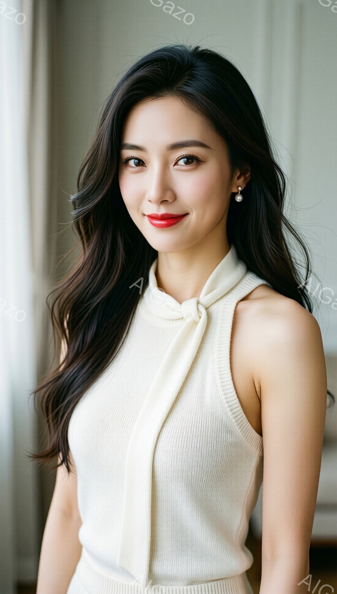 彼女はオフホワイトのハイネックニットベストを着ており、首元にはリボンが付いています。長い黒髪は波状にカールしており、明るい赤い口紅が印象的です。背景は明るい窓からの自然光で照らされており、全体的に柔らかく上品な雰囲気を醸し出しています。