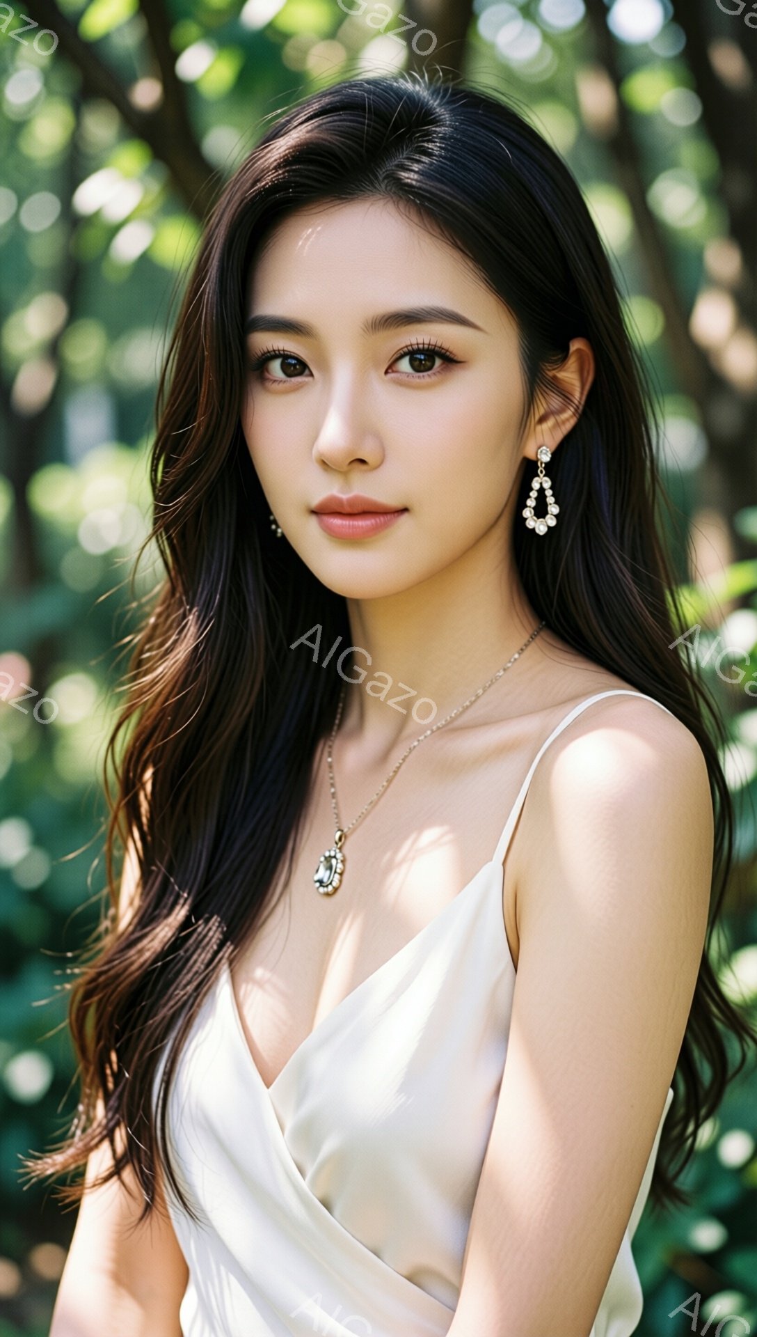 長い黒髪を無造作にウェーブさせた女性が写っている。オフホワイトのVネックのドレスを着け、繊細なネックレスと輝くドロップ型のイヤリングを身につけている。背景は緑豊かな葉っぱで覆われ、柔らかい光が彼女を照らし、優雅で穏やかな雰囲気を醸し出している。