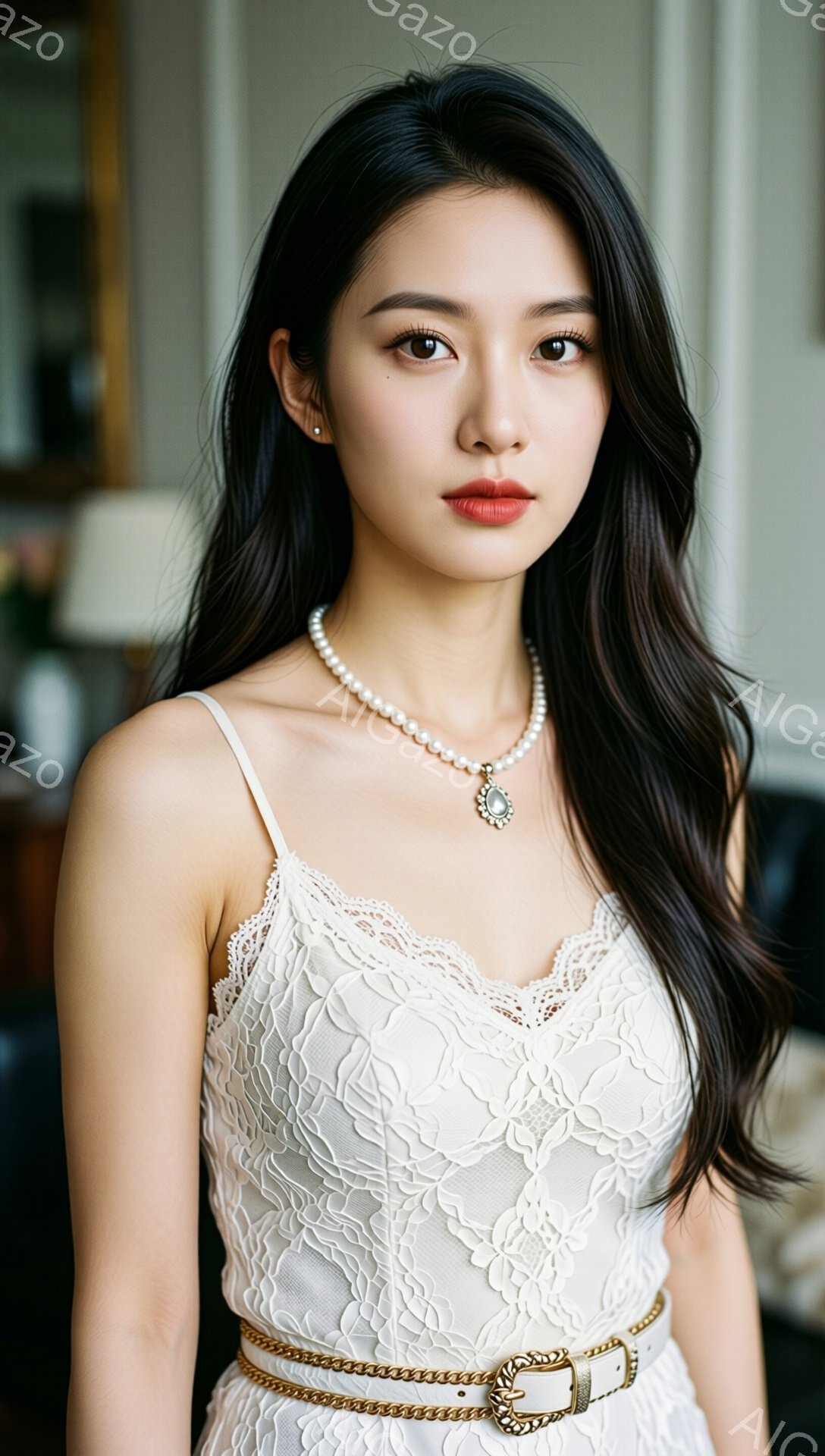 長い黒髪を肩から下で無造作に垂らした女性が写っています。白いレースのキャミソールにゴールドのベルト、そして真珠のネックレスを身に着けており、落ち着いた表情で正面を見つめています。背景はぼかされており、暖色系の家具が見える室内であることがわかります。
