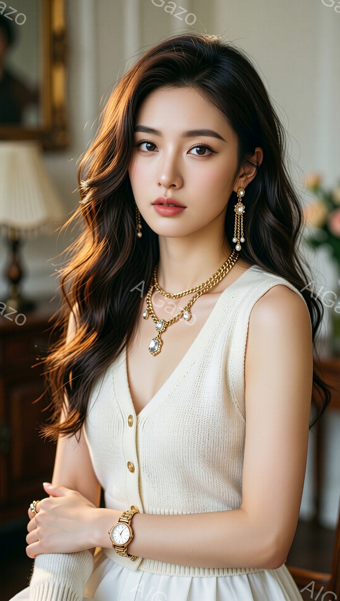 長いダークブラウンのウェーブヘアをした女性が写っており、オフホワイトのニットカーディガンとトップスを着用しています。彼女は金色のネックレスと大きなフープイヤリングを身につけ、手首には金の腕時計をしています。背景は暖色系のインテリアで、柔らかい光が彼女を照らし、優雅で洗練された雰囲気を醸し出しています。