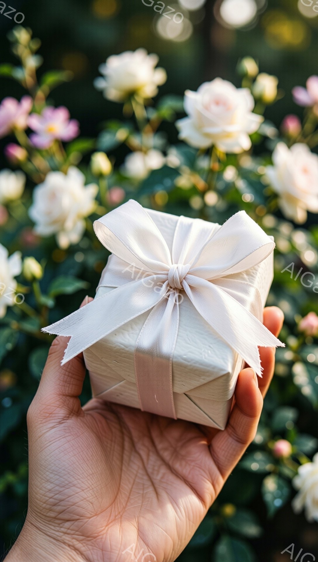 手のひらに、オフホワイトのリボンで美しくラッピングされた小さなギフトボックスが乗っています。背景には、ピンクと白のバラの花がぼんやりと咲き乱れ、柔らかい光が差し込んでいます。全体的に優雅でロマンチック - AI生成フリー素材