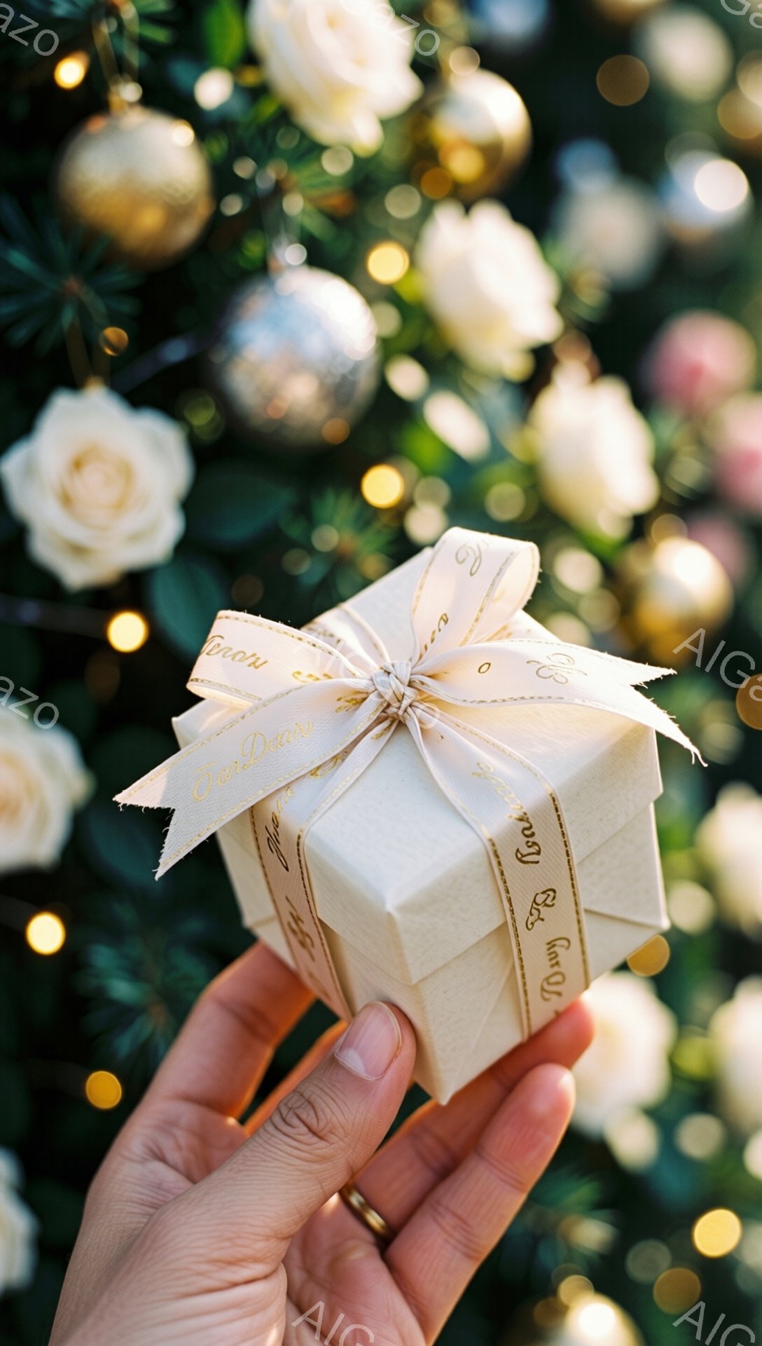 一人の手が、淡いベージュ色のギフトボックスを空中に掲げています。箱は白いリボンで丁寧に飾られており、背景にはぼやけた緑と金色の装飾が散りばめられたクリスマスツリーが見えます。温かく、お祝いの雰囲気が漂い、贈り物を受け取る喜びに満ちた瞬間を捉えているようです。