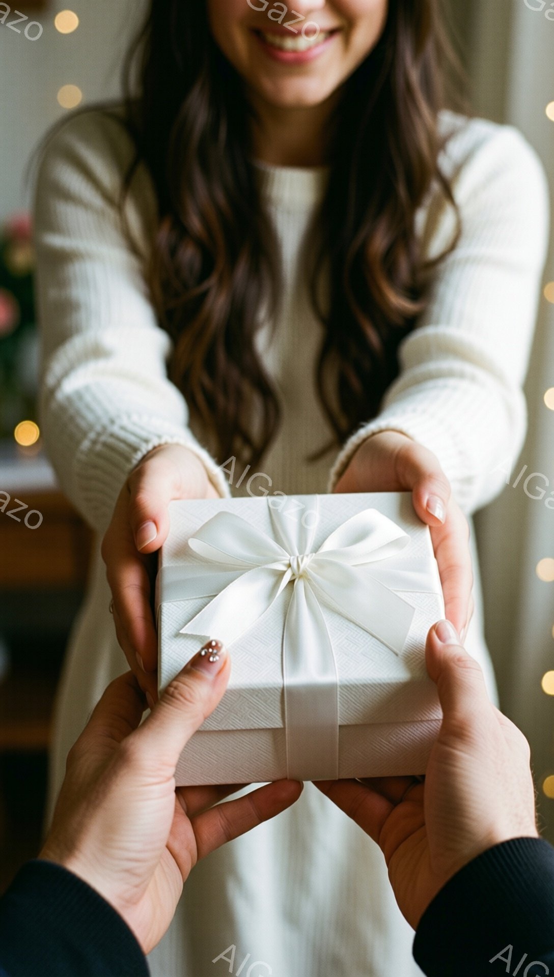 長い茶色の髪をした女性が、白いセーターを着て笑顔でプレゼントを差し出しています。プレゼントは白い包装紙で包まれ、白いリボンで飾られています。背景にはぼんやりとした光のストリングと、緑色の植物が見え、温かく心地よい雰囲気です。