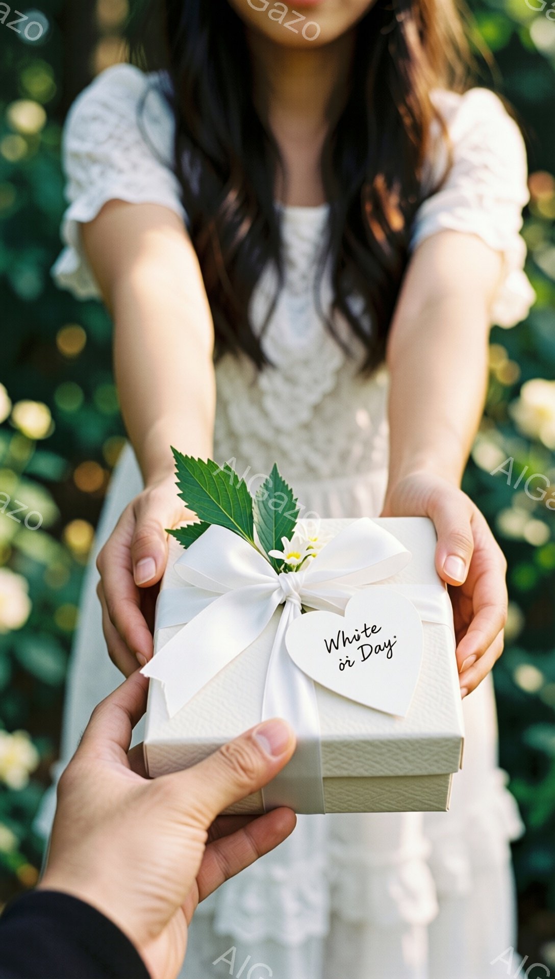 白いレースの袖のドレスを着た女性が、両手を前に伸ばして小さな白いギフトボックスを差し出している。ボックスには白いリボンとハート型のタグが結ばれ、緑の葉と白い花が飾られている。背景には緑豊かな植物が見え、柔らかい自然光が降り注ぎ、温かくロマンチックな雰囲気を醸し出している。