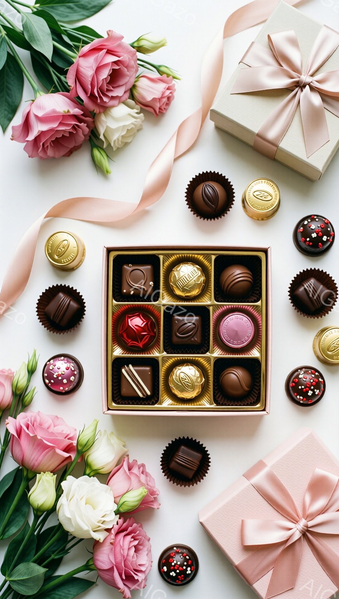 白い背景の上に、チョコレートが並んだ箱とピンクと白のバラ、そしてリボンで飾られたギフトボックスが配置されています。チョコレートは様々な形と色をしており、金色の包装紙やカラフルなトッピングが施されています。全体的に、バレンタインデーや特別な機会を祝うための、華やかで甘い雰囲気です。
