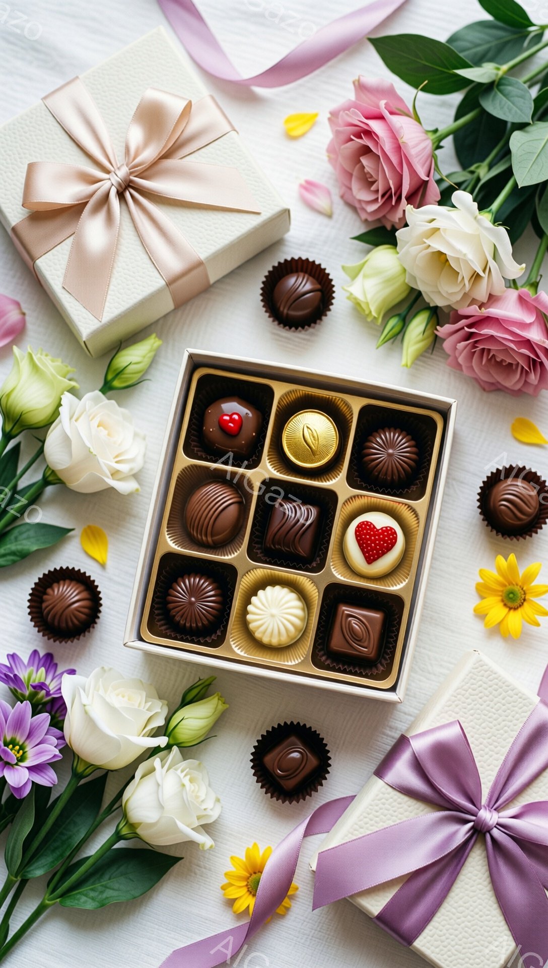 白いテクスチャの背景に、チョコレートの詰め合わせの箱と花が配置されています。チョコレートは様々な形と色をしており、バラ、キンギョソウ、デイジーなどの明るい色の花と組み合わされています。箱の隣には、リボンで飾られた小さなギフトボックスが2つ置かれており、全体的に優雅で甘い雰囲気を醸し出しています。