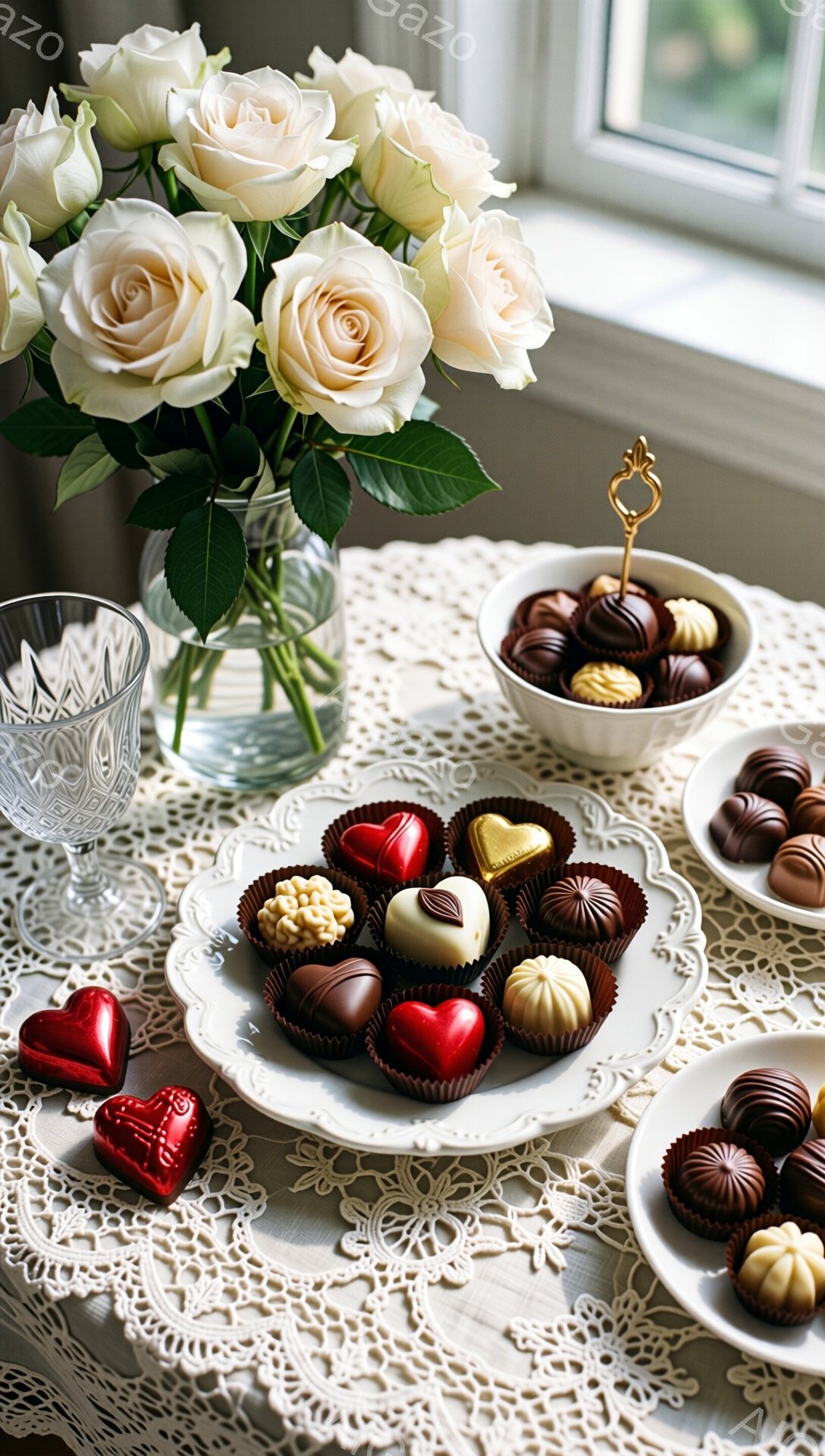白いバラの花が透明な花瓶に活けられ、レース編みのテーブルクロスの上に置かれています。テーブルの上には、様々な種類のチョコレートが並べられた白いお皿と小さなボウルが置かれており、特にバレンタインデーを思わせるハート型のチョコレートが目を引きます。全体的に、優雅で甘い雰囲気が漂い、特別な日のための準備がされているかのようです。