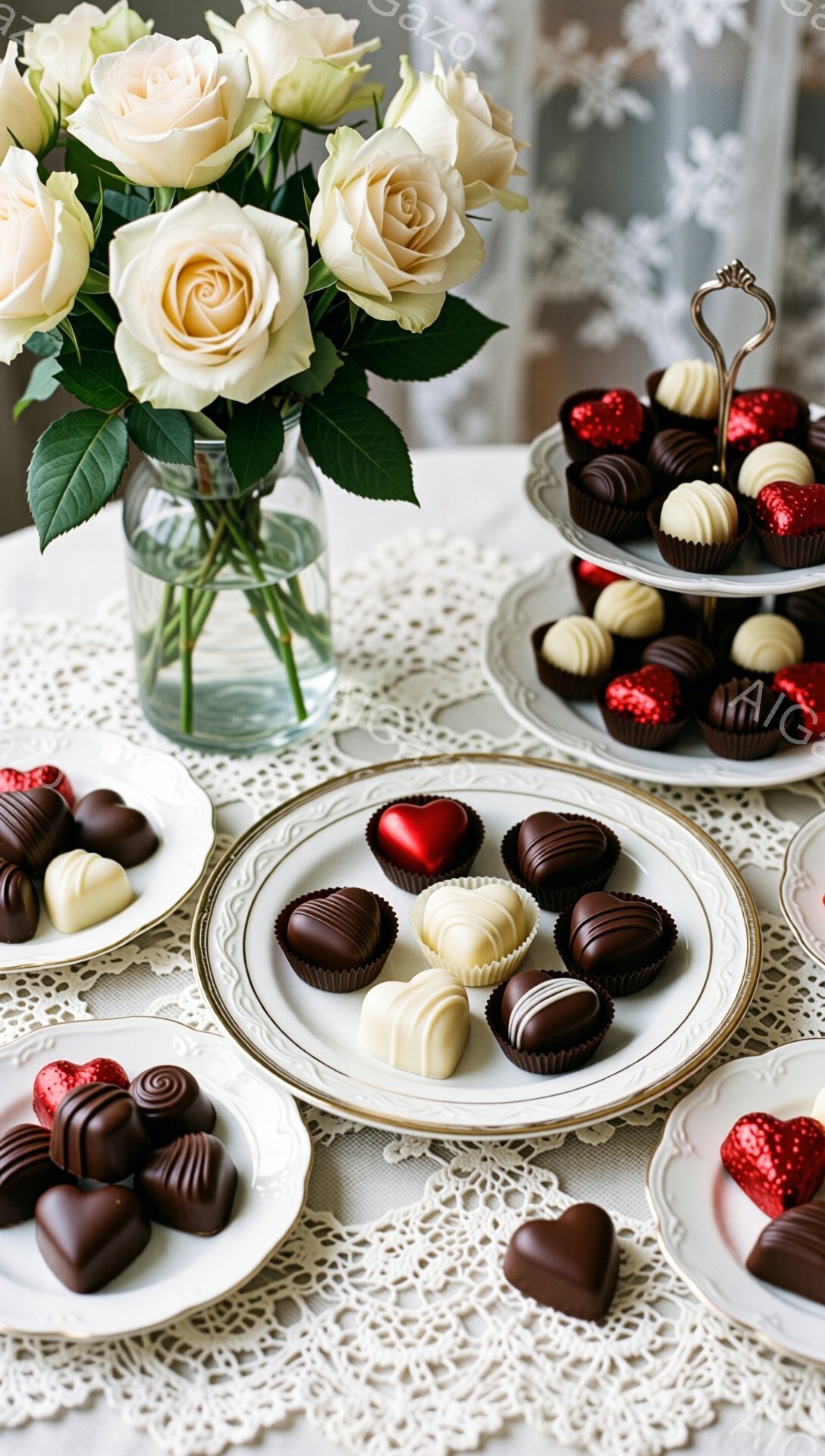 白いレース編みのテーブルクロスの上に、様々なチョコレートが並べられたお皿と、赤いバラが飾られた花瓶が置かれています。チョコレートはハート型や球形など様々な形をしており、それぞれミルクチョコレート、ダークチョコレート、ホワイトチョコレートでコーティングされています。全体的にロマンチックで上品な雰囲気が漂い、特別な日のデザートの盛り合わせのようです。