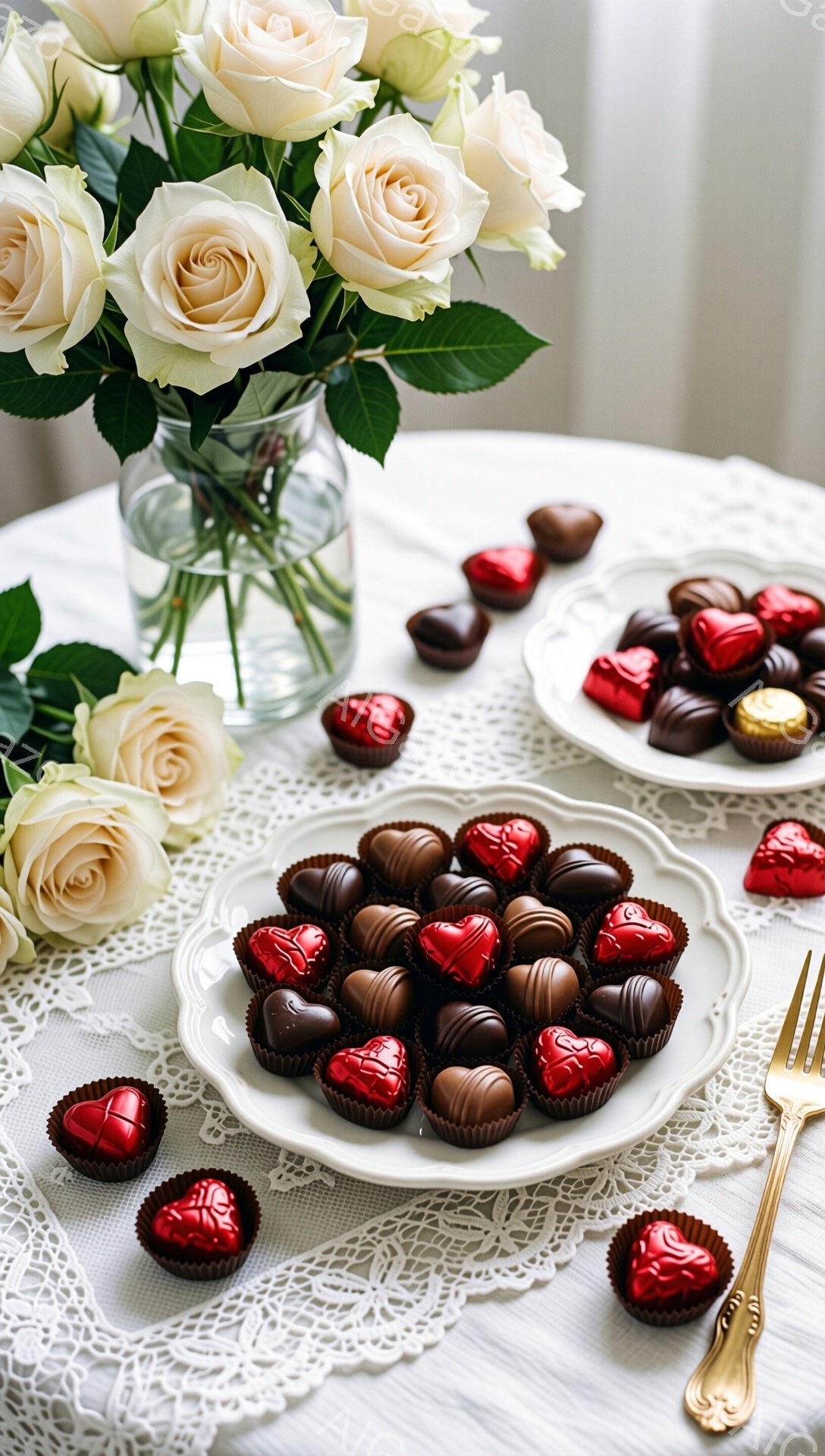 白いバラの花が花瓶に活けられた、繊細なレースのテーブルクロスの上にチョコレートが並べられています。チョコレートはハート形や球形があり、赤や茶色の包装紙で包まれており、甘くてロマンチックな雰囲気を醸し出しています。背景はぼやけており、上品で優雅なイメージです。