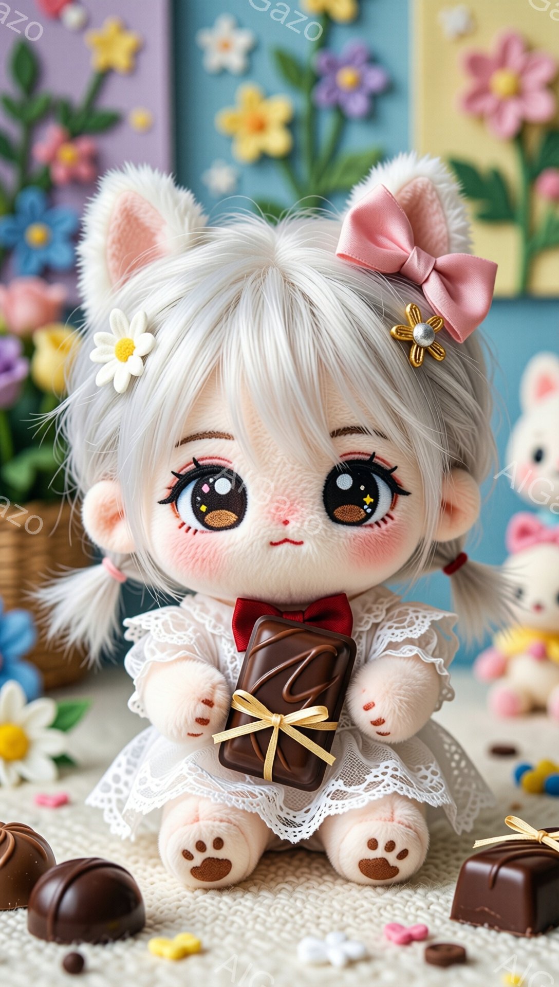 白い髪にリボンをあしらった可愛らしい子犬のぬいぐるみです。フリルのついた白いドレスを着て、チョコレートのプレゼントを抱えています。背景には、カラフルな花と可愛らしいウサギのぬいぐるみが散りばめられており、温かく優しい雰囲気が漂っています。