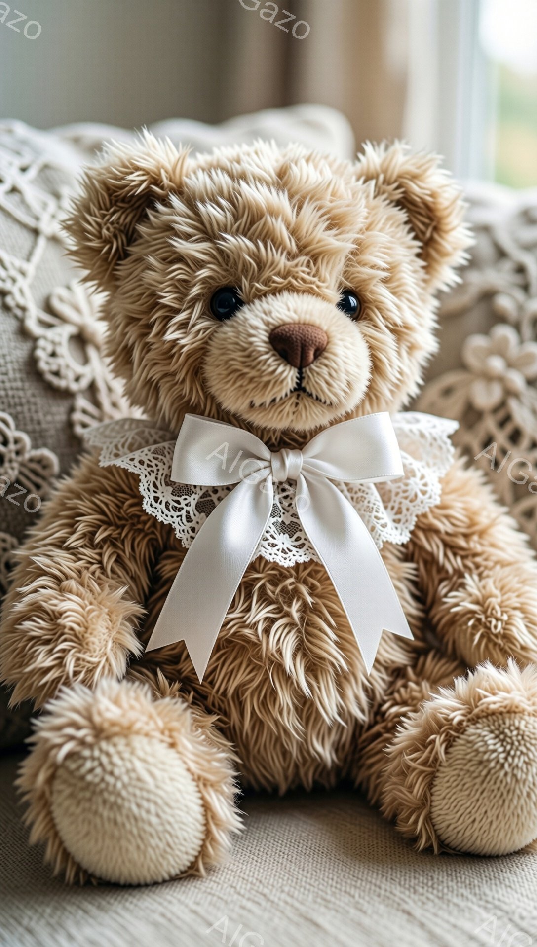 ふわふわの茶色のテディベアが、レースの襟と白いリボンをつけた状態で座っています。ベアは丸い足と優しい表情をしており、背景にはぼやけたクリーム色のソファが見えます。全体的に、暖かく、心地の良い、そして少しノスタルジックな雰囲気です。