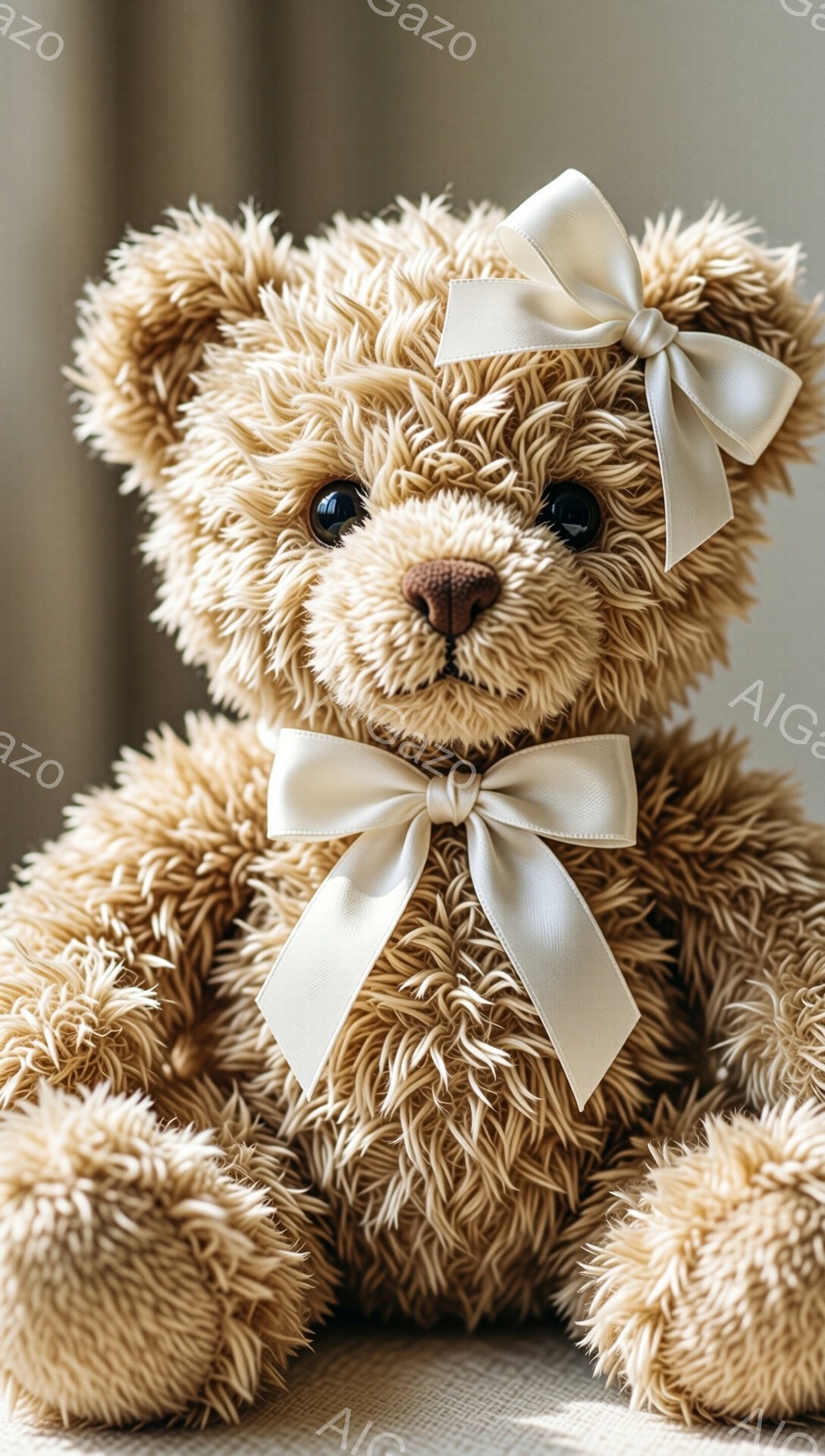 ふわふわの明るい茶色のテディベアが正面を向いています。リボンが首に結ばれており、つぶらな瞳と小さな鼻が可愛らしい表情を作り出しています。背景はぼかされており、温かく優しい雰囲気が漂います。