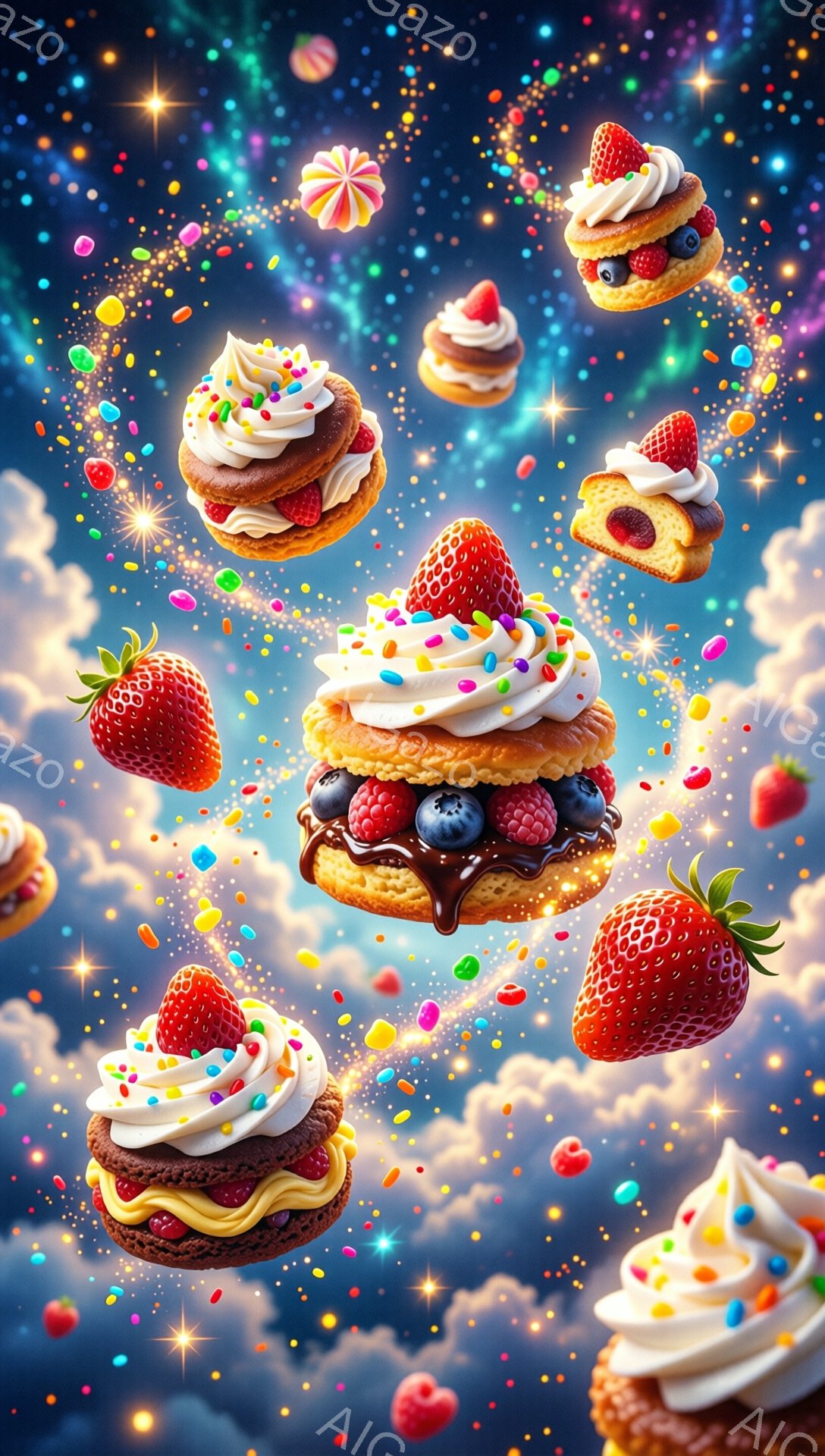 空には、クリームとベリー、チョコレートソースで飾られた可愛らしいケーキやイチゴが浮かび、カラフルなスプリンクルが散りばめられています。背景は、淡いピンクや紫色の雲が広がるファンタジックな空で、星屑がキラキラと輝き、まるで夢の中のような雰囲気です。全体的に甘くて明るい、お菓子の国のような印象を与えます。