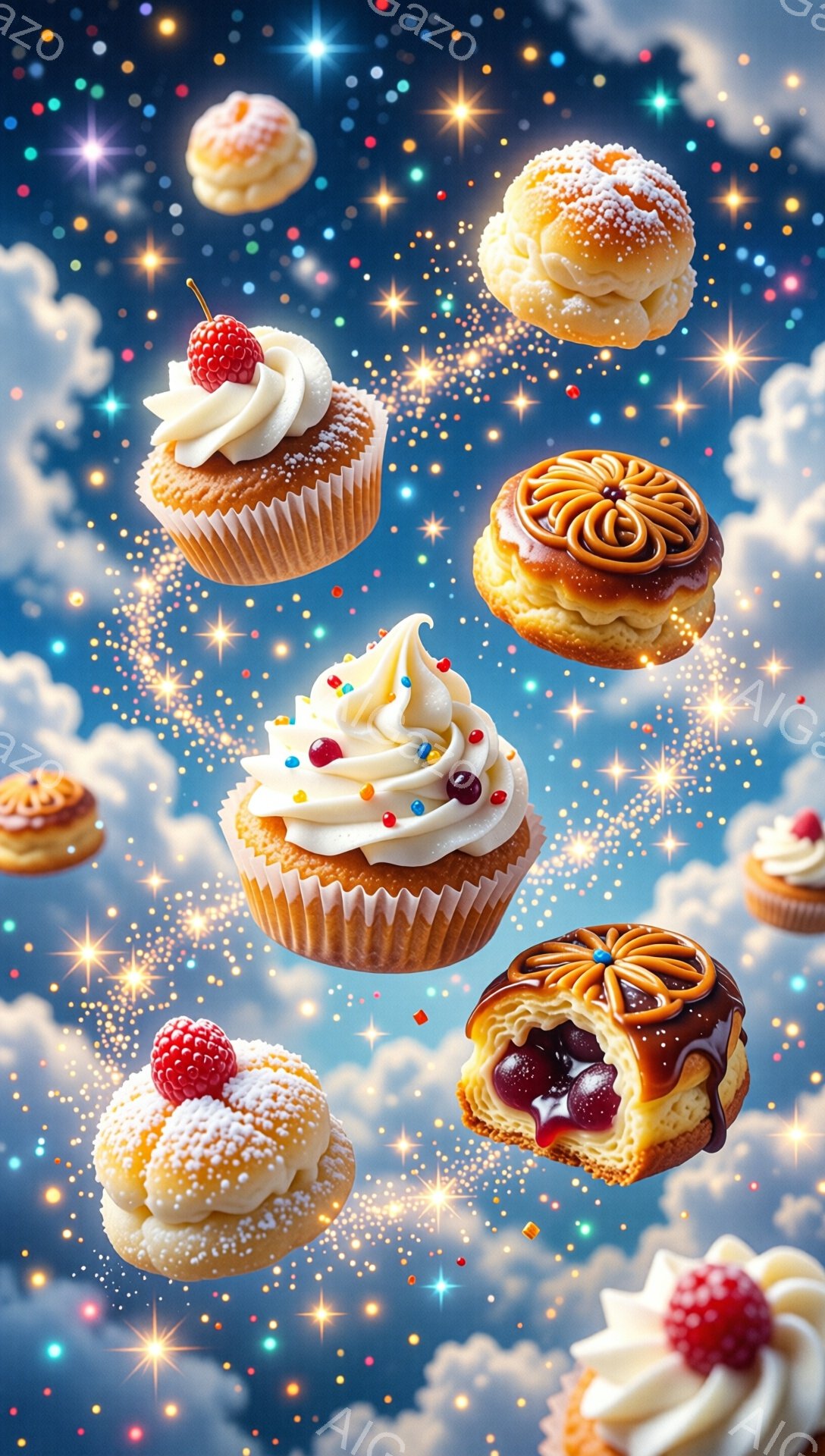 空には、さまざまな種類の焼き菓子が輝く星屑とともに浮かんでいます。イチゴやカラフルなスプリンクル、キャラメルソースなどで飾られた可愛らしいカップケーキやタルトが、青い空を背景に幻想的な雰囲気を醸し出しています。全体的に甘くて夢のような、遊び心のあるイラストレーションです。
