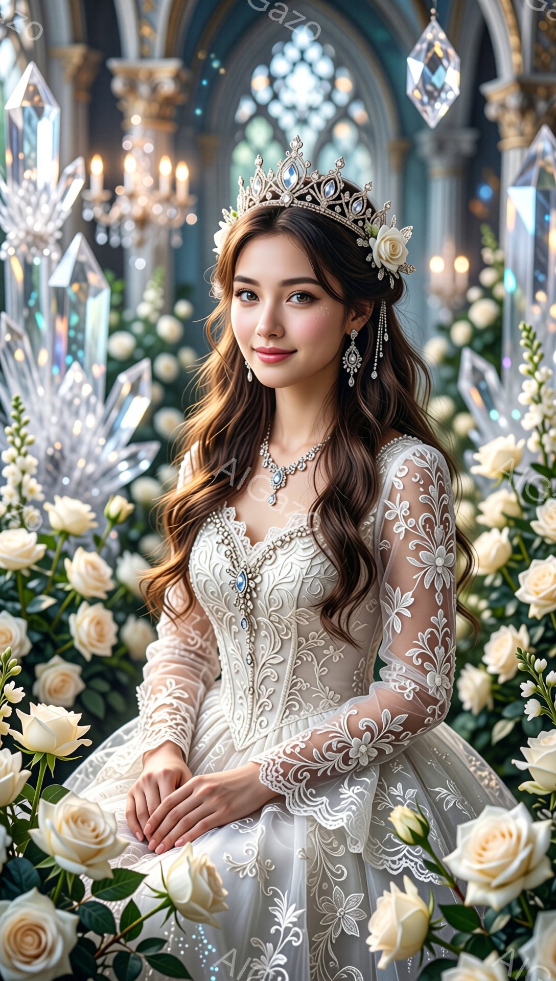 金色の刺繍が施された豪華な白いドレスを着た女性が写っています。彼女は上品な笑顔を浮かべ、頭には宝石と花で飾られたティアラをつけ、繊細なネックレスとイヤリングを身につけています。背景には白いバラの花が咲き乱れ、クリスタルのシャンデリアやアーチ型の窓が見え、おとぎ話のような華やかな雰囲気を醸し出しています。