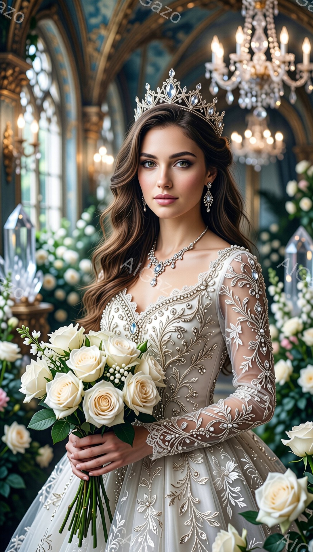 豪華なドレスとティアラを身につけた女性が、白いバラの花束を抱えています。彼女は金糸で刺繍された半透明の袖を持つ、宝石が散りばめられたクリーム色のガウンを着用しており、エレガントな姿勢で正面を見据えています。背景には、シャンデリアと植物が飾られた、壮大で華やかな宮殿のような空間が広がっています。