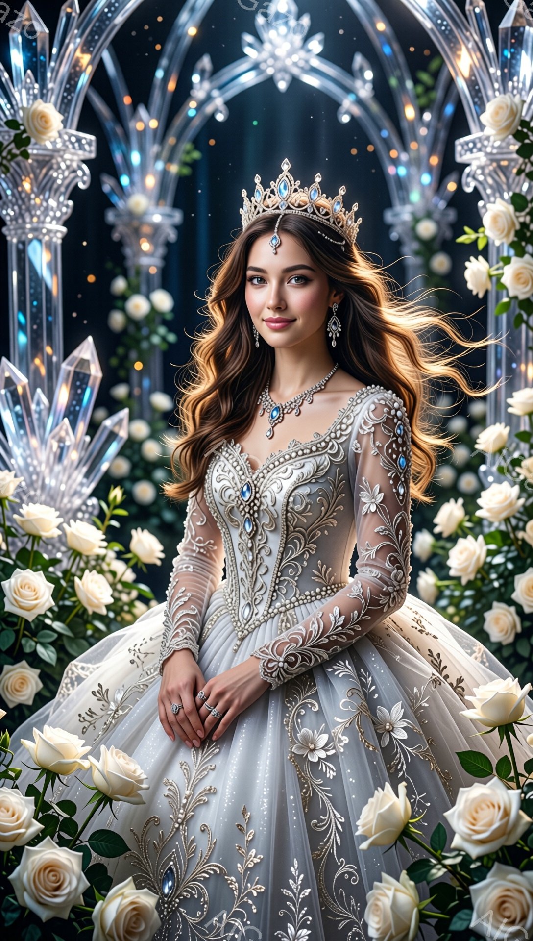 長いウェーブのかかった髪と、宝石で飾られたティアラをつけた女性が写っている。彼女は精巧なビーズと刺繍が施された、きらびやかなゴールドとアイボリーのガウンを着ており、優雅な姿勢で正面を向いている。背景には、白いバラで飾られたアーチがあり、幻想的でロマンチックな雰囲気を醸し出している。