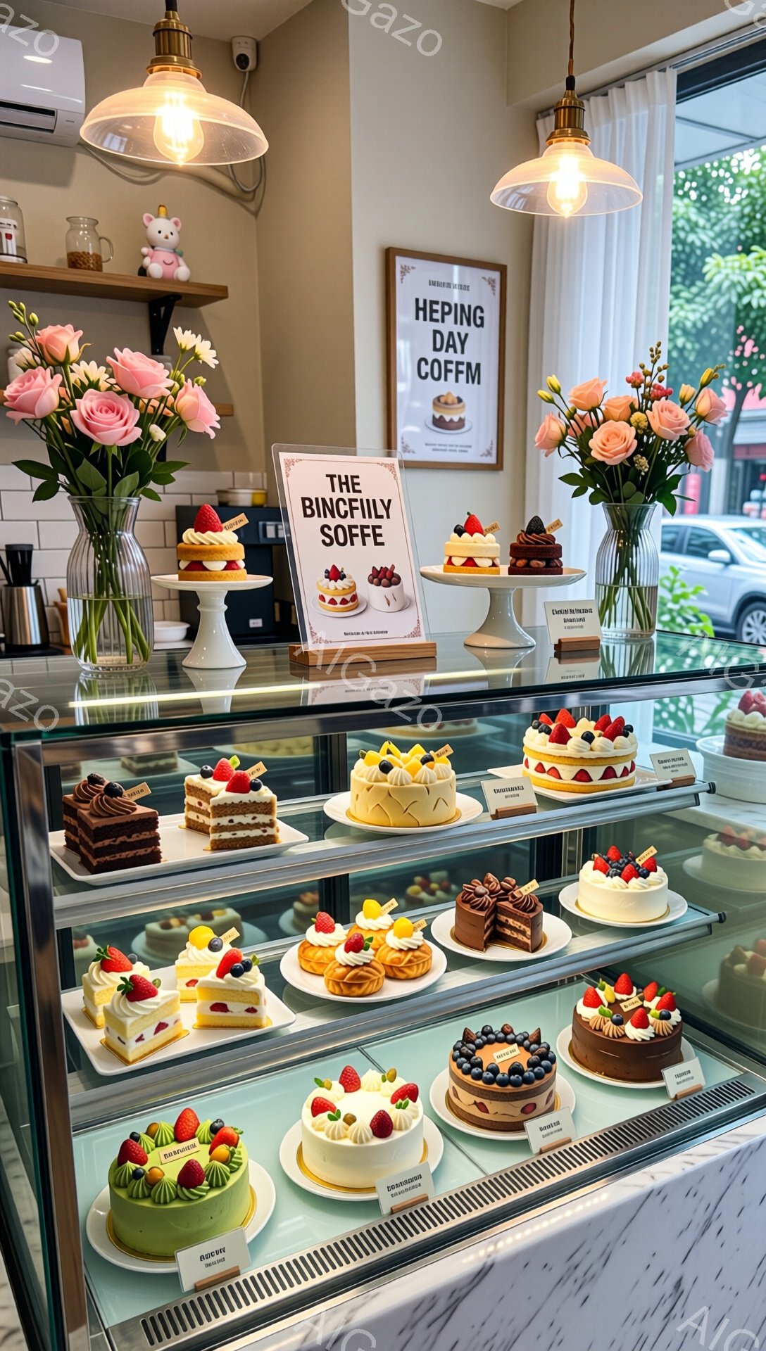 ガラスケースの中に、色とりどりの可愛らしいケーキが並べられています。ケーキはイチゴやクリーム、チョコレートなどで飾られ、見た目も華やかです。背景には花が飾られており、明るく清潔感のあるカフェの雰囲気が伝わってきます。