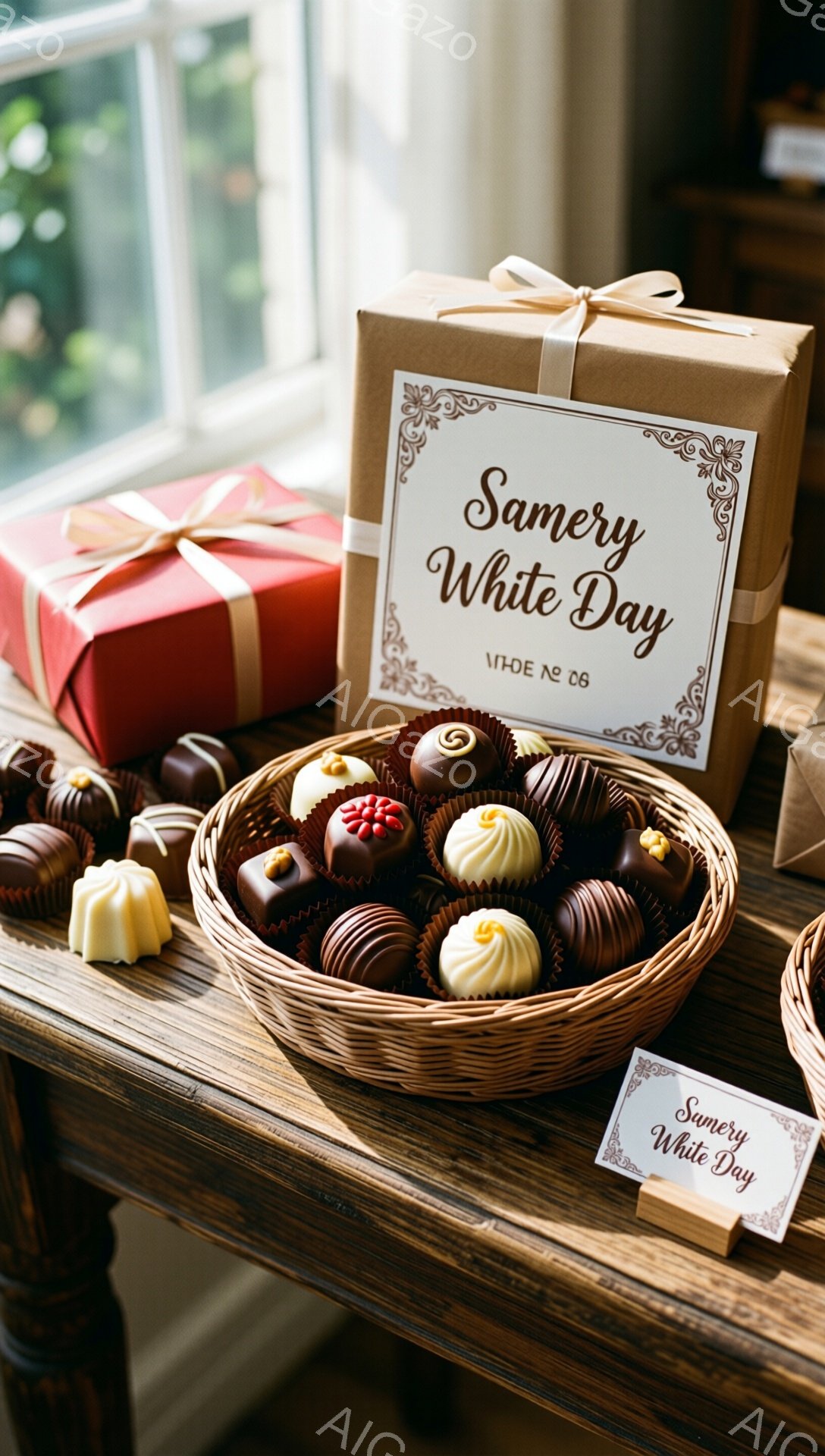 暖かく柔らかな光が差し込む木製のテーブルの上に、様々なチョコレートが並んだバスケットと、ラッピングされたプレゼントボックスが置かれています。チョコレートは白、茶色、赤など多様な色で、可愛らしい形をしています。背景にはぼやけた自然の風景が見え、甘くロマンチックな大人の日、ホワイトデーの雰囲気が漂います。