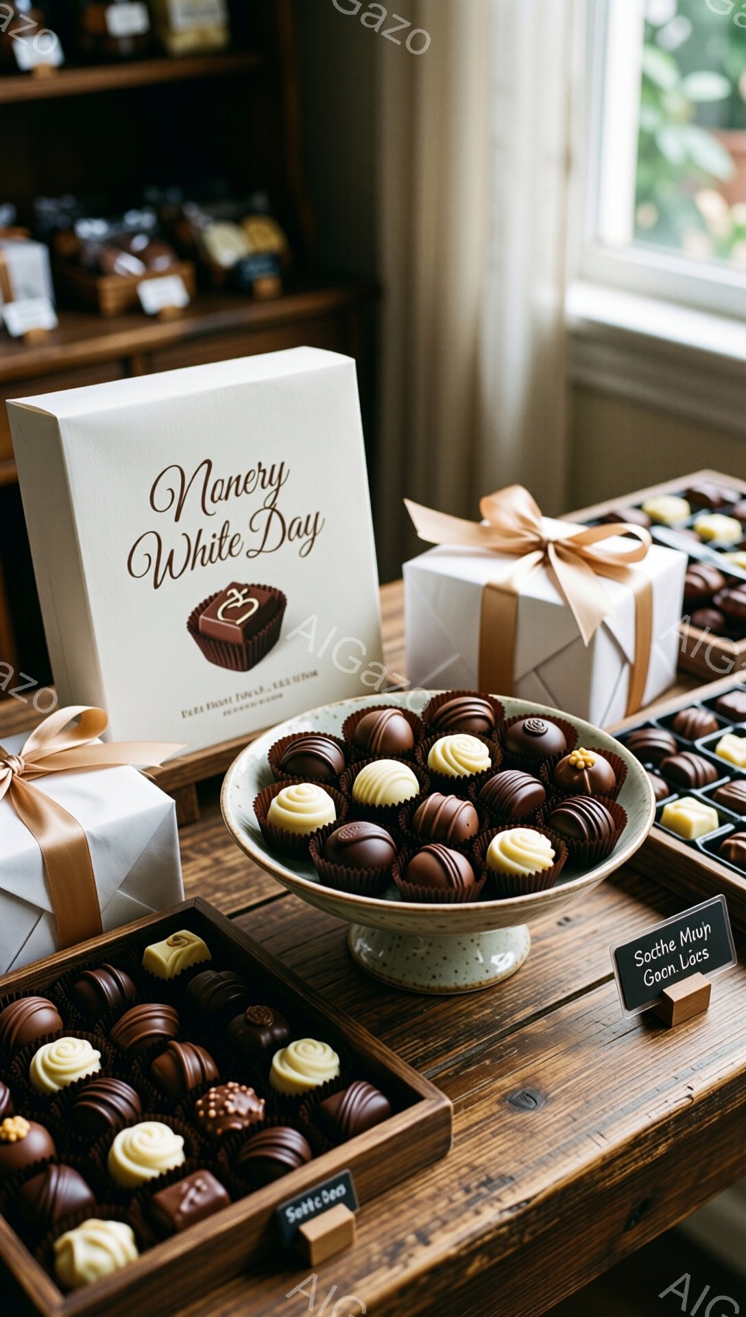 画像には、木製のテーブルの上に様々なチョコレートが並べられています。チョコレートは、茶色、白、黄色などの色合いで、美しく盛り付けられたお皿や箱の中に収められています。「Nonery White Day」と書かれたギフトボックスが背景にあり、上品で高級感のある雰囲気を醸し出しています。