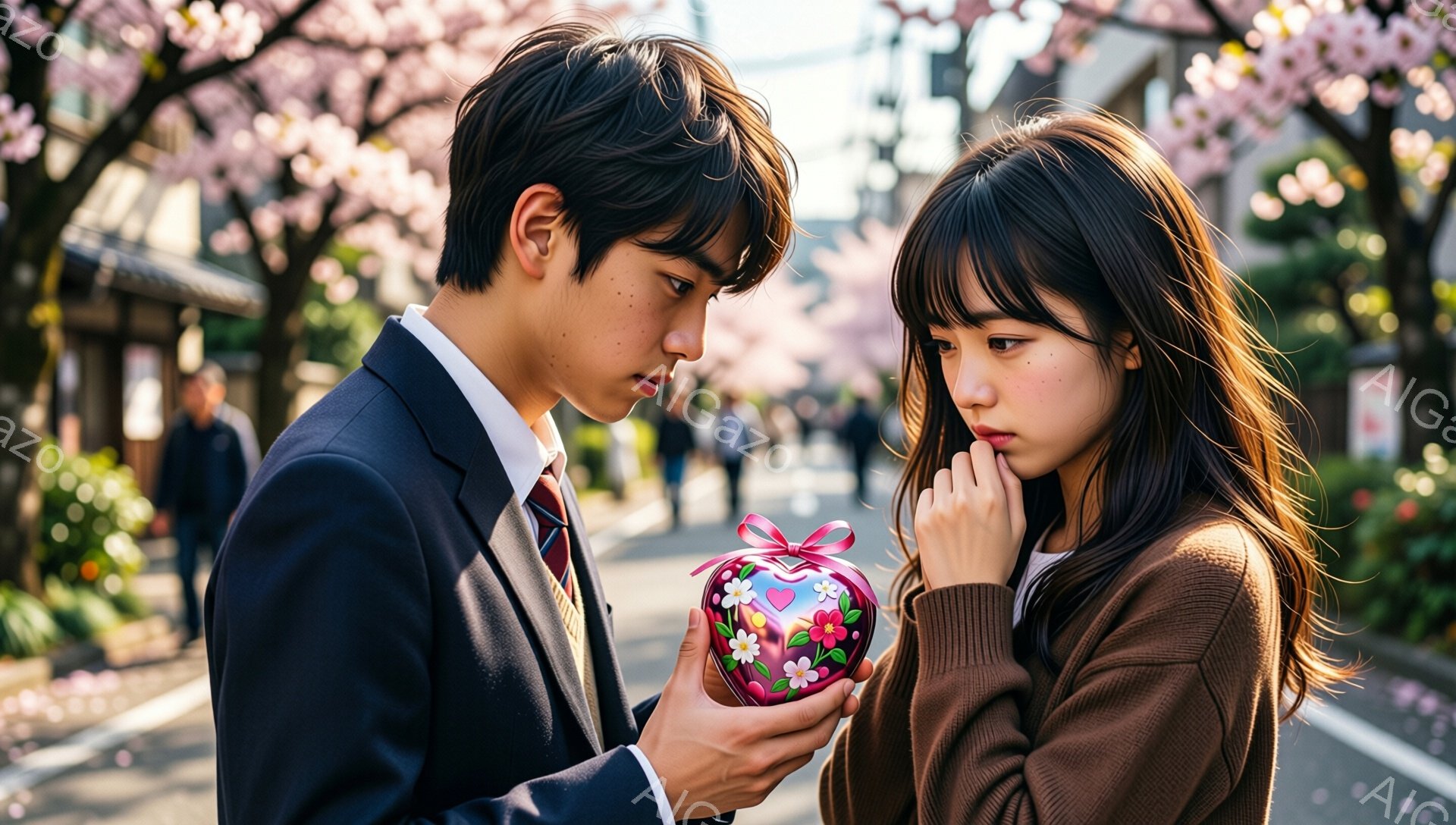 制服を着た男子学生が、ピンク色のリボンで飾られた花柄のギフトボックスを女子学生に差し出しています。女子学生はセーターを着ており、片方の手で頬を支え、少し不安げな表情をしています。背景には桜並木が咲き誇り、春の穏やかな日差しが差し込み、ロマンチックな雰囲気を醸し出しています。