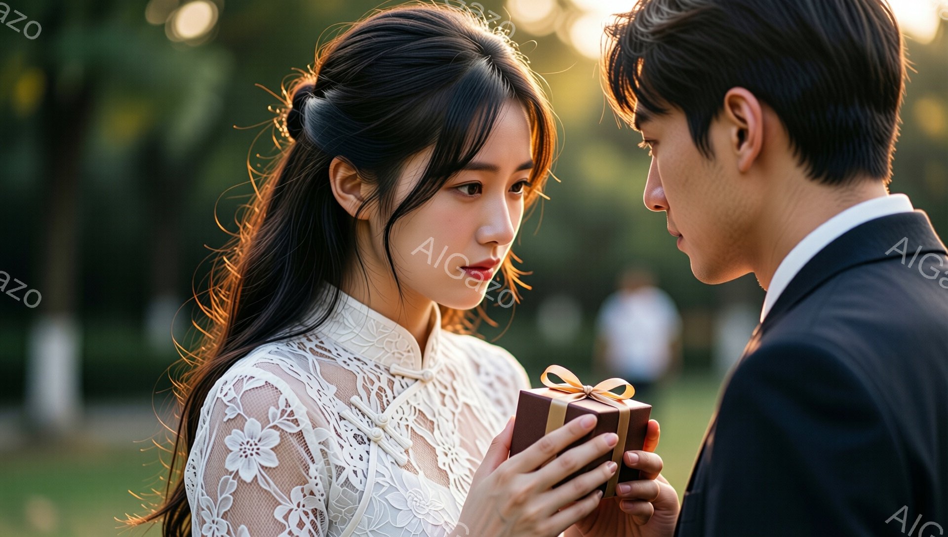 一人の女性と男性が、屋外でプレゼントを交換しようとしている場面です。女性は白いレースのブラウスを着ており、髪は後ろでまとめていくつかの髪の毛が顔にかかっています。男性は黒いスーツを着ており、女性に茶色のリボンで結ばれた小さな箱を差し出しています。