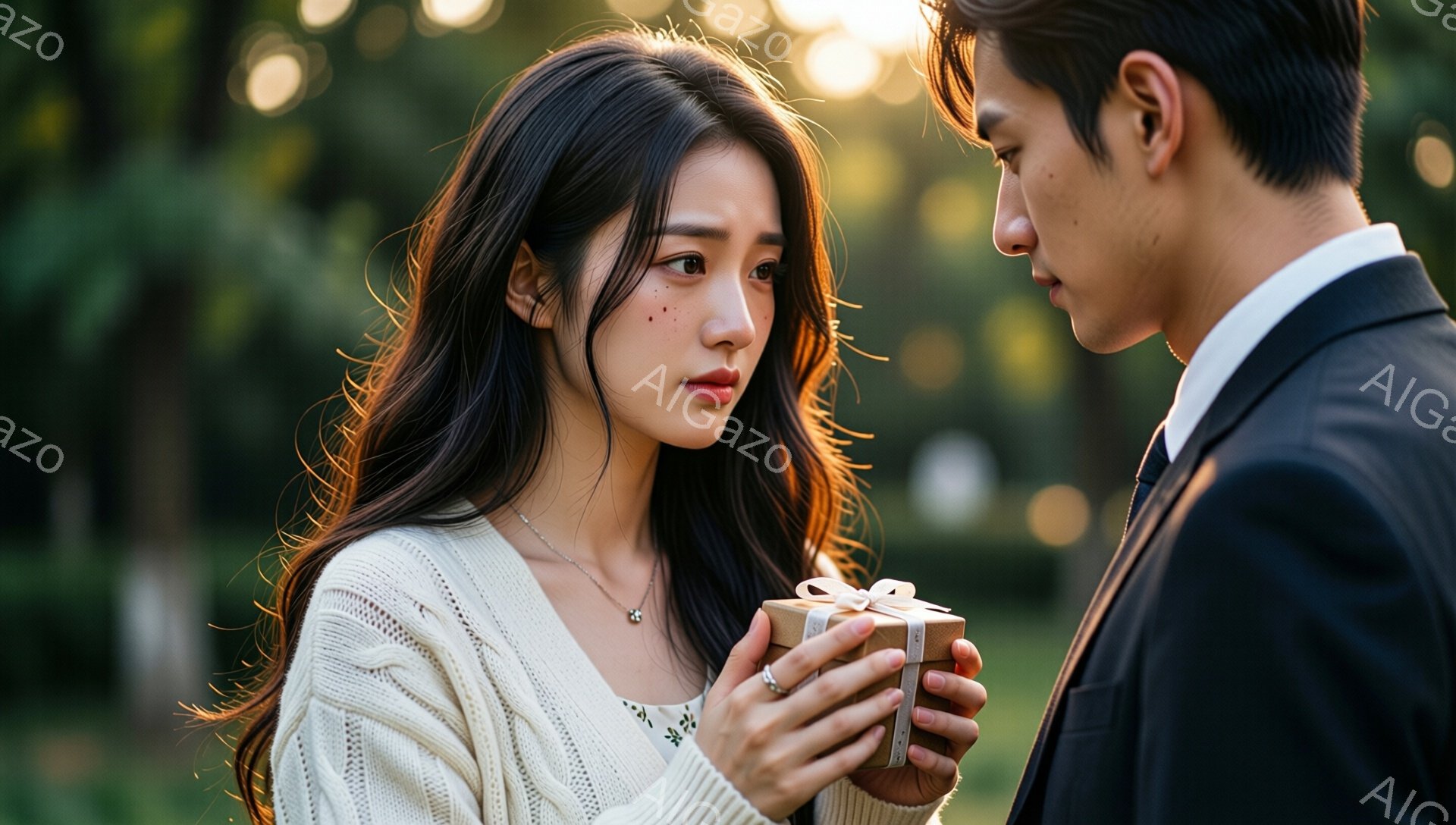 長い巻き毛の女性が、白い編みセーターと花柄のブラウスを着て、小さなギフトボックスを手で抱えています。彼女の表情は少し戸惑いと期待が混ざっているようで、相手の男性を見上げています。背景には緑豊かな木々が見え、太陽の光が差し込んで暖かくロマンチックな雰囲気を作り出しています。