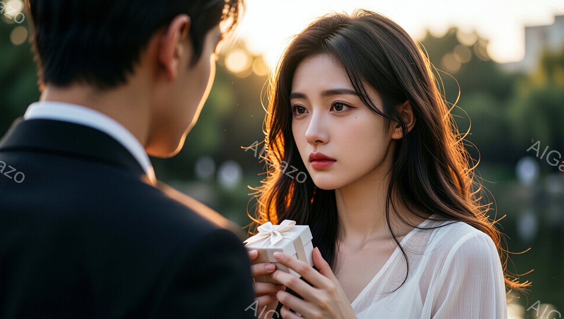 長髪の女性は、白いブラウスを着て、少し憂いを帯びた表情でプレゼントの箱を受け取ろうとしている。男性は黒いスーツを着ており、女性に箱を差し出している様子がわかる。背景にはぼやけた緑豊かな自然と、夕暮れ時の暖かい光が広がっており、ロマンチックな雰囲気を醸し出している。