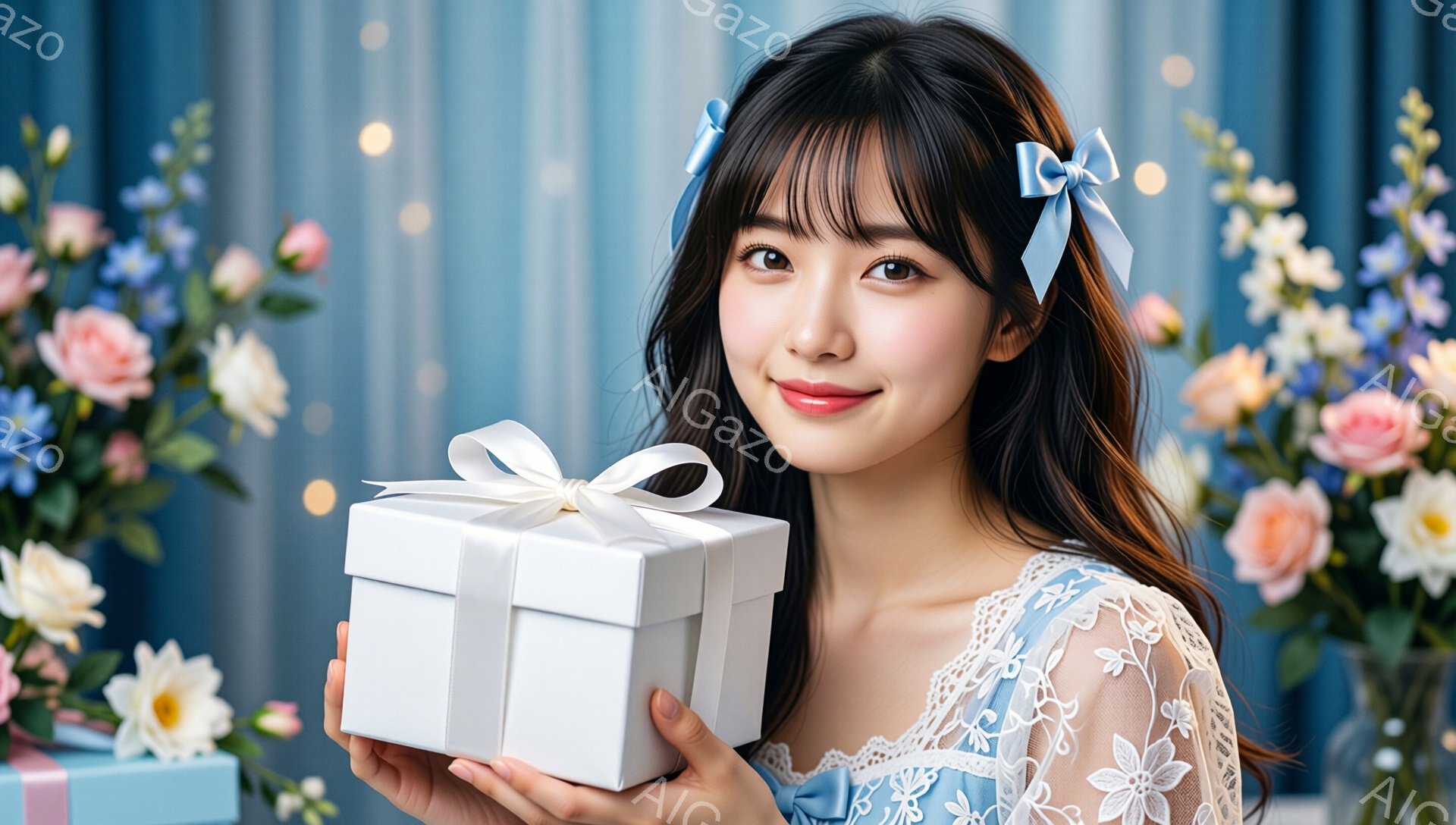 長い黒髪に薄いブルーのリボンをつけた女性が、白いギフトボックスを両手で抱えています。彼女はレースの装飾が施された水色のドレスを着ており、優しく微笑んでいます。背景には、パステルカラーの花々が咲き乱れ、全体的に柔らかく、ロマンチックな雰囲気を醸し出しています。