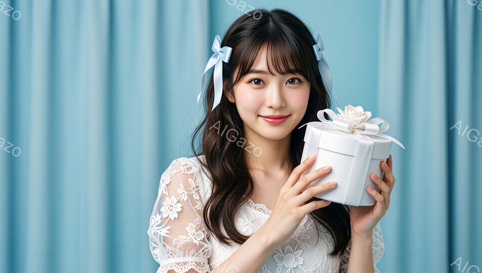 長いダークブラウンの髪の女性が、白いレースのトップスを着て、プレゼントの箱を両手で抱えています。彼女は微笑んでおり、明るい表情で、リボンと花で飾られた箱は、優雅さと祝福の雰囲気を醸し出しています。背景は淡い青色のカーテンで、全体的に柔らかく、温かい雰囲気です。