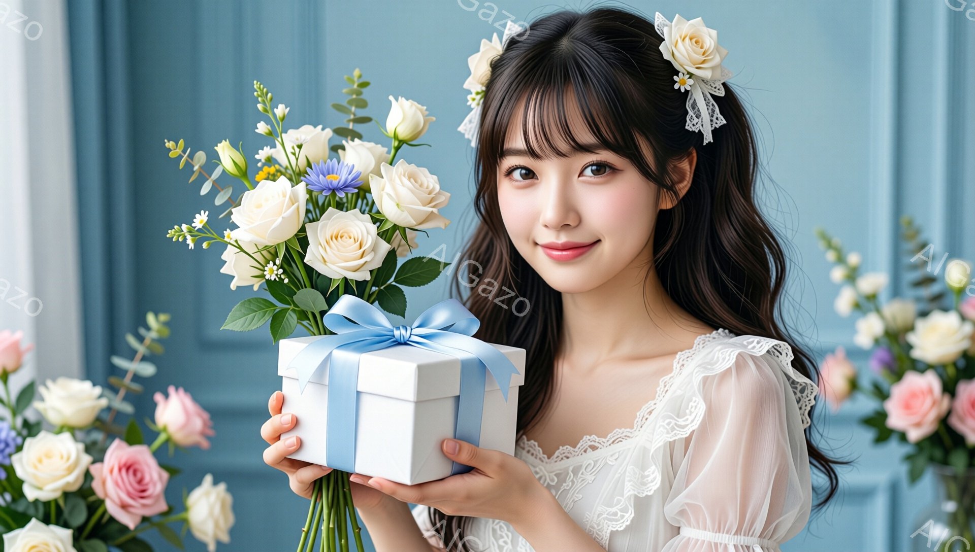 長い黒髪に白い花飾りをつけ、レースの装飾が施された白いドレスを着た若い女性が、青いリボンで結ばれた白いギフトボックスを両手で抱えています。彼女は微笑んでおり、優しく上品な雰囲気を醸し出しています。背景は淡い青色の壁で、ピンクと白のバラや他の花が配置されており、全体的に華やかでロマンチックな印象を与えます。