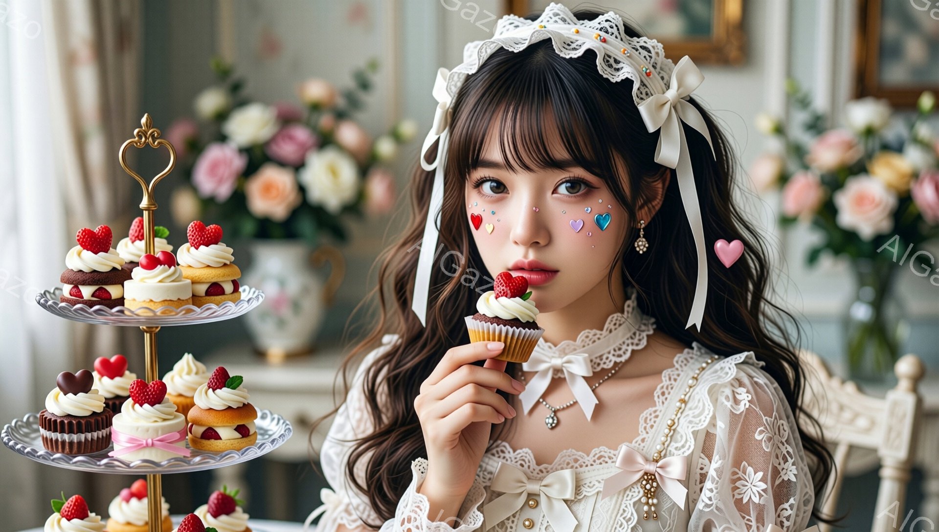 長い茶色の巻き髪に、白いレースのヘッドドレスをつけた若い女性が描かれています。彼女は赤い頬とキラキラしたメイクをしており、片手にカップケーキを持って食べかけで、優雅な姿勢を保っています。背景には、花が飾られたテーブルと、優雅な雰囲気の部屋が広がっており、全体的に甘くて夢幻的な雰囲気です。