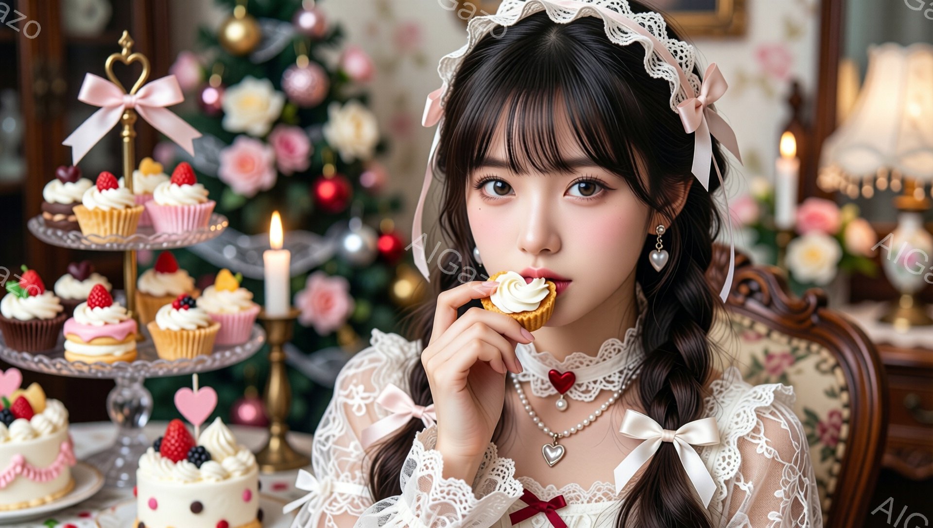 明るい笑顔を見せる若い女性が写っています。彼女はレースの襟と袖が特徴的な白いドレスを着ており、髪はリボンで飾られたツインテールにしています。背景には、カラフルなカップケーキやケーキが並んだ多段式のケーキスタンドがあり、華やかなパーティーの雰囲気を感じさせます。