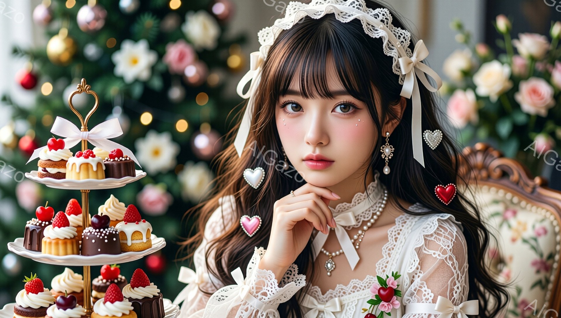 長いダークブラウンの髪は、前髪をふんわりと揃え、サイドに巻き髪とリボンで飾られています。白いレースのワンピースに真珠のネックレスとイヤリングを合わせ、頬にはハート型のモチーフが散りばめられています。背景にはクリスマスツリーと甘いお菓子が積み上げられたスタンドがあり、可愛らしく夢幻的な雰囲気を醸し出しています。