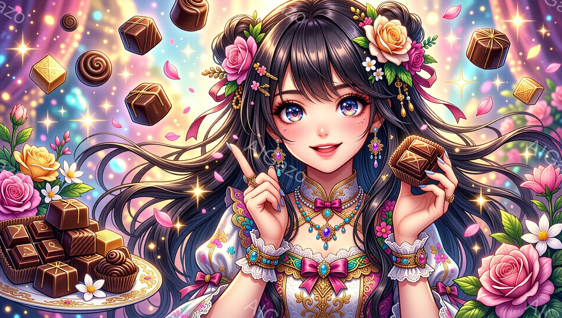 長い黒髪に花飾りをあしらった若い女性が描かれています。彼女は明るい笑顔を浮かべ、片手にチョコレートを掲げ、華やかなドレスを身につけています。背景には、チョコレートや花が舞い、キラキラとした光が満ちた幻想的な雰囲気です。