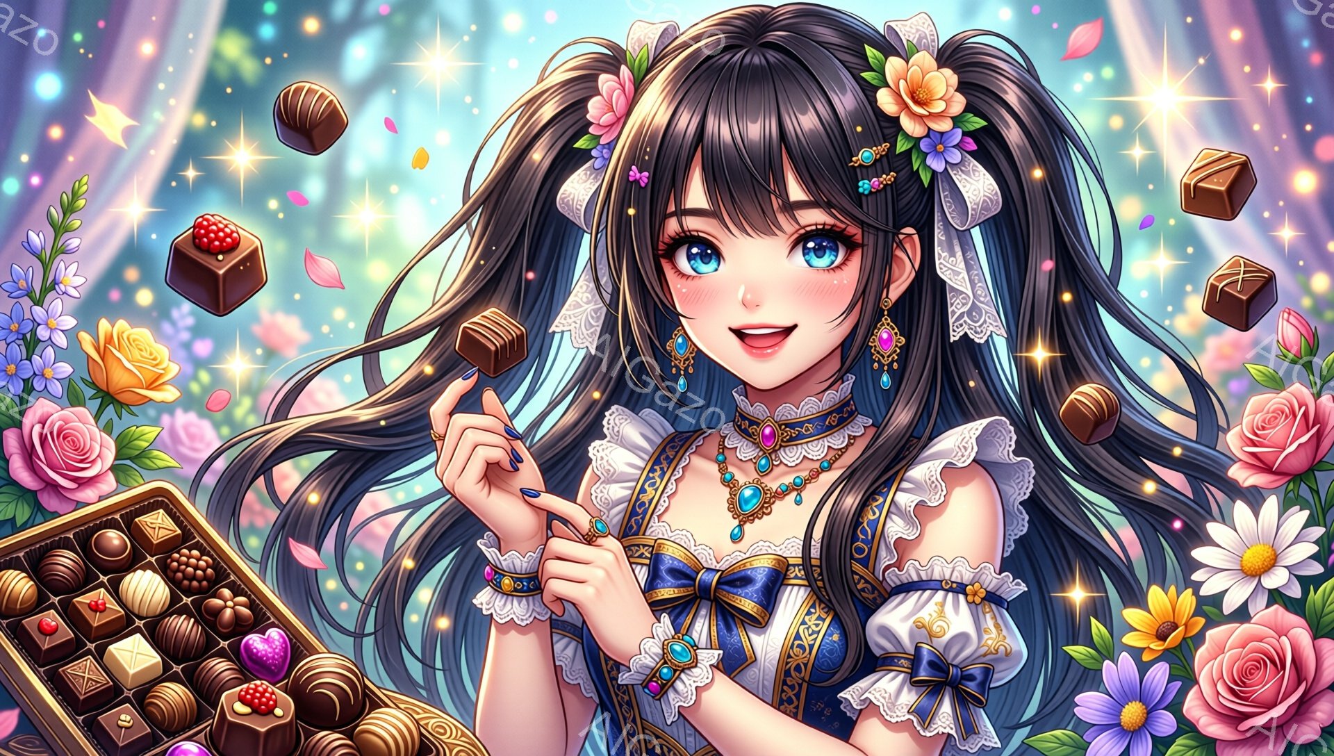 長い黒髪をツインテールにし、髪飾りをつけた少女が描かれています。彼女は青い瞳で微笑み、チョコレートを片手に楽しそうにしています。背景には、バラやデイジーなどの花々が咲き乱れ、チョコレートが舞い散る、華やかで夢幻的な雰囲気です。