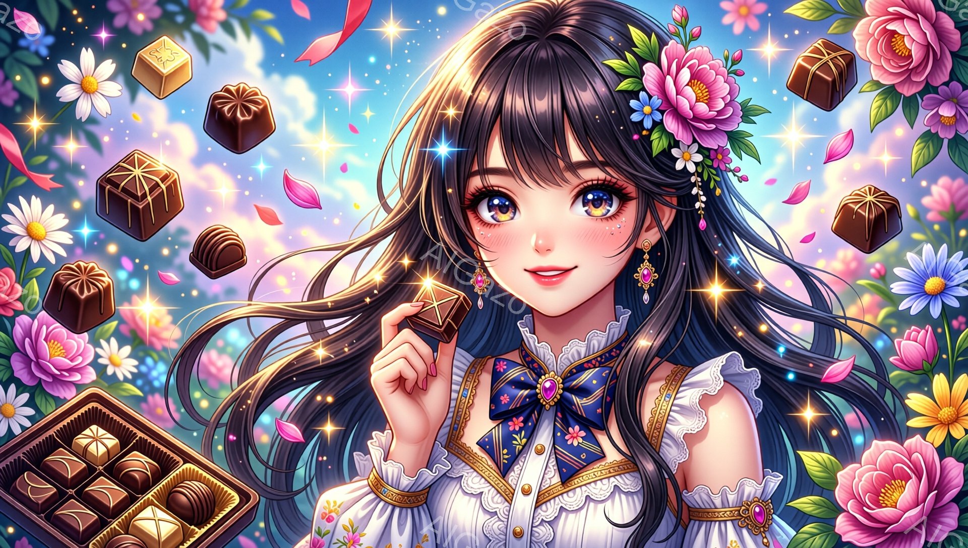 長い黒髪をゆるくウェーブさせた少女が描かれています。彼女はパステルカラーのフリル付きのドレスを身に着け、首には赤いリボンと花柄のブローチがついています。背景にはカラフルな花々やチョコレートの箱が散りばめられており、まるで夢のような甘い雰囲気を醸し出しています。