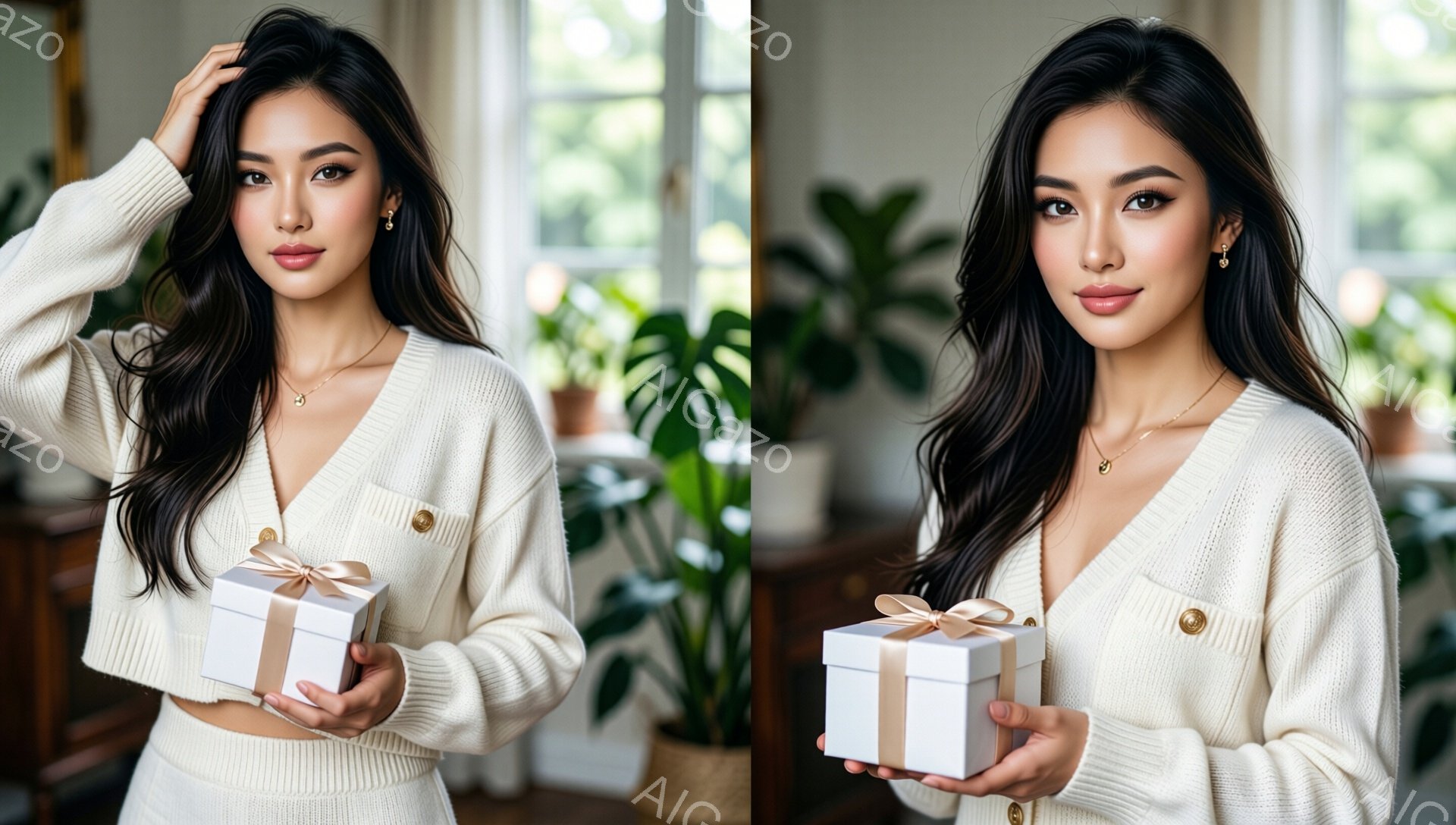 長い黒髪を無造作に肩にかける女性が、クリーム色のカーディガンとスカート姿で、白いリボンで飾られた白い箱を両手で抱えています。彼女は少し微笑み、穏やかで優雅な表情を浮かべており、背景には緑豊かな植物と窓から差し込む柔らかい光が見えます。全体的に、暖かく落ち着いた雰囲気で、特別な贈り物を受け取ったかのような幸福感が漂っています。