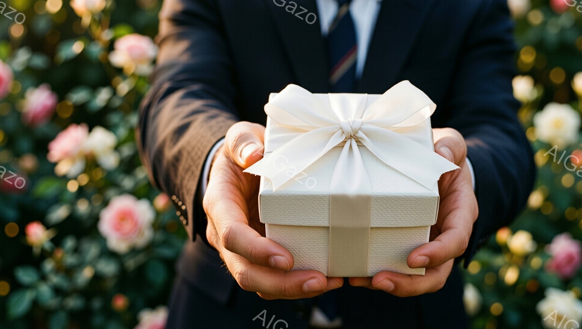 黒いスーツとネクタイを着用した人物が、白い包装紙で包まれた小さなギフトボックスを両手で差し出している。背景にはぼやけたピンク色の花々が咲き乱れ、春らしい穏やかな雰囲気を醸し出している。贈り物を受け取る相手を意識した、丁寧で温かいジェスチャーが印象的だ。