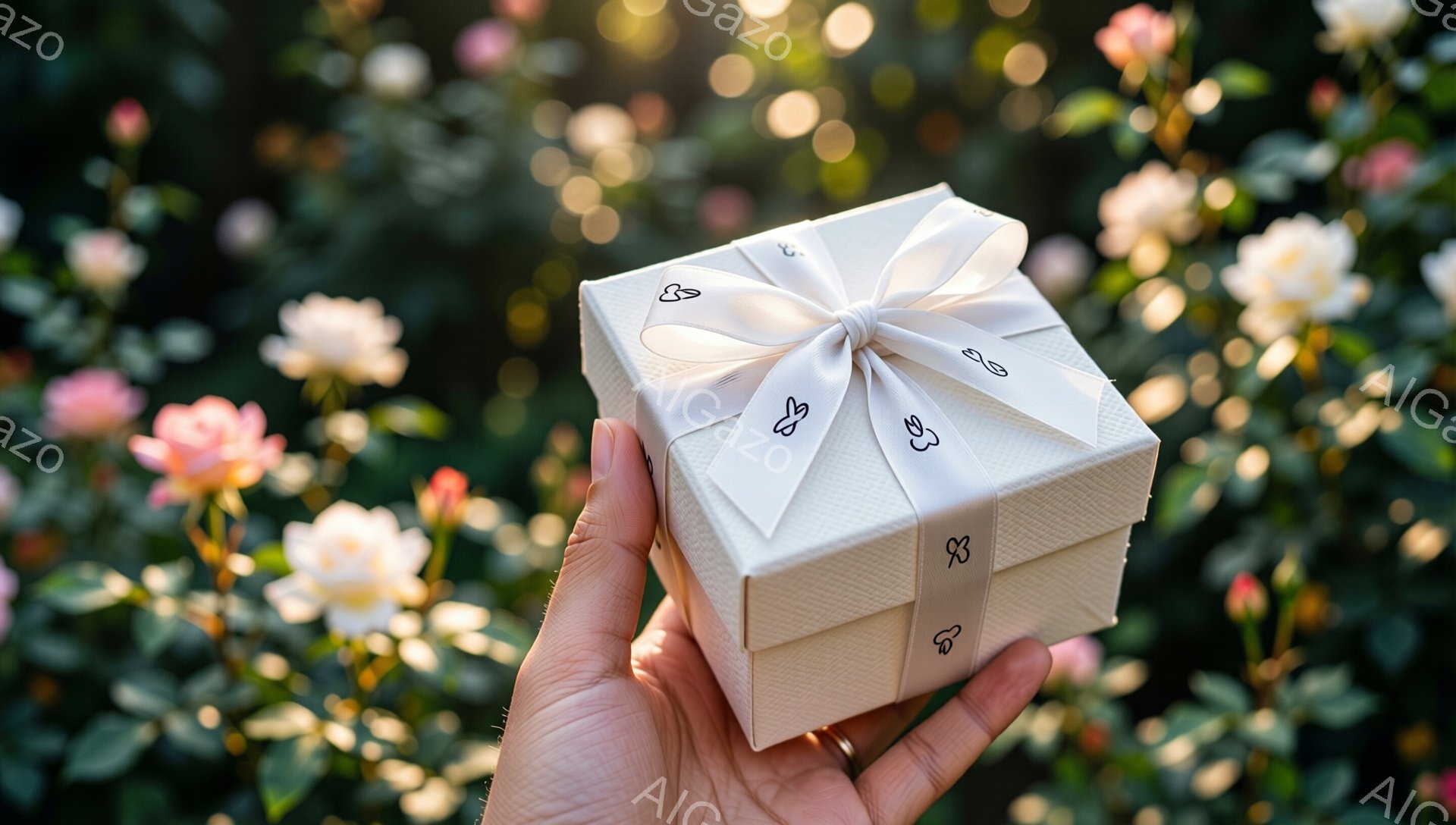 手のひらに、白いギフトボックスが載っています。ボックスは白いリボンで飾られ、小さな蝶のモチーフがアクセントになっています。背景にはぼやけたピンクや白の花が咲き乱れ、暖かく、ロマンチックな雰囲気を醸し出しています。