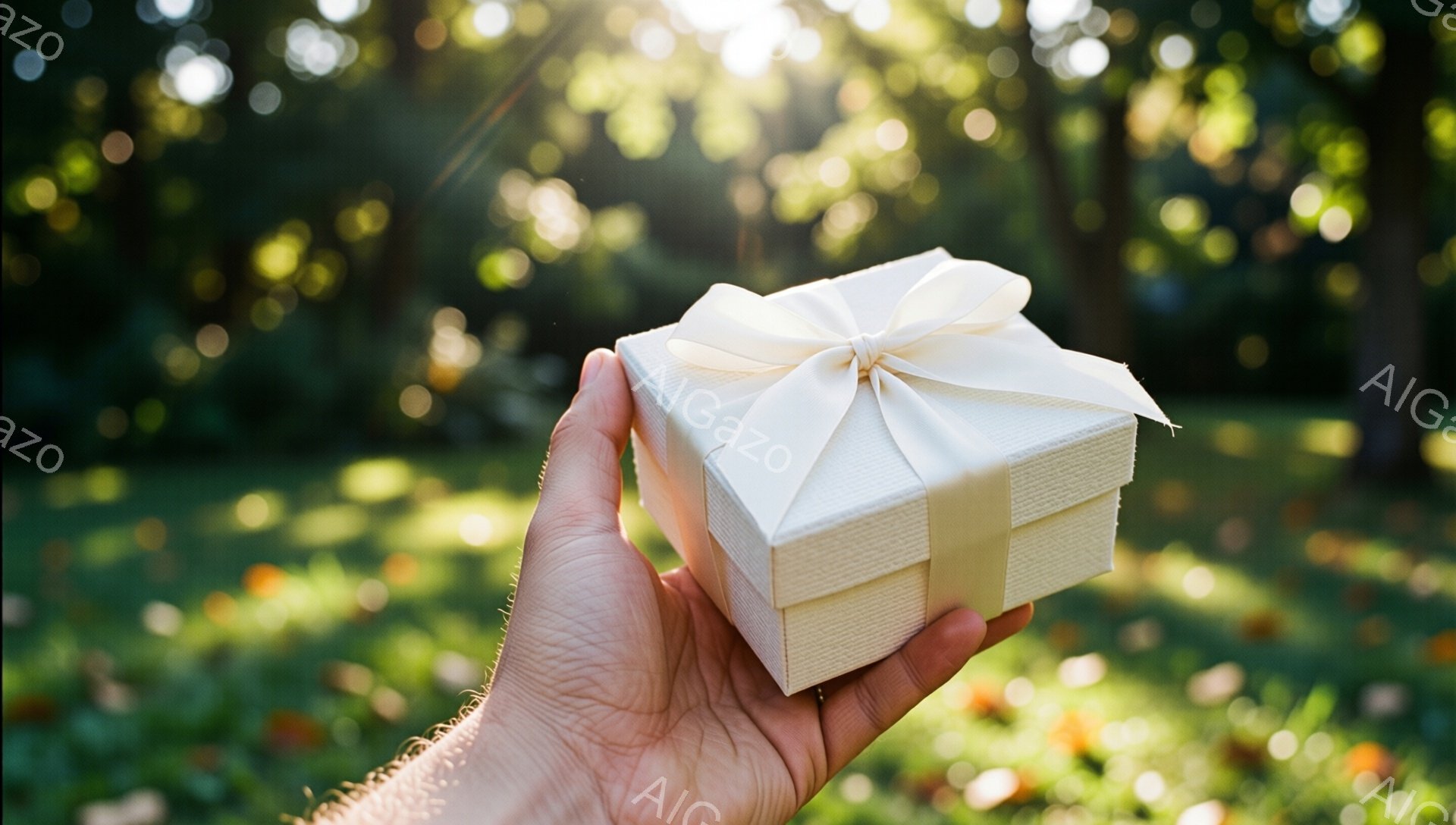 誰かの手が、白い箱を握っています。箱は淡いベージュのリボンで飾られており、太陽光が差し込む緑豊かな背景がぼやけて見えます。全体的に、暖かく優しい雰囲気で、贈り物や特別な機会を暗示しています。