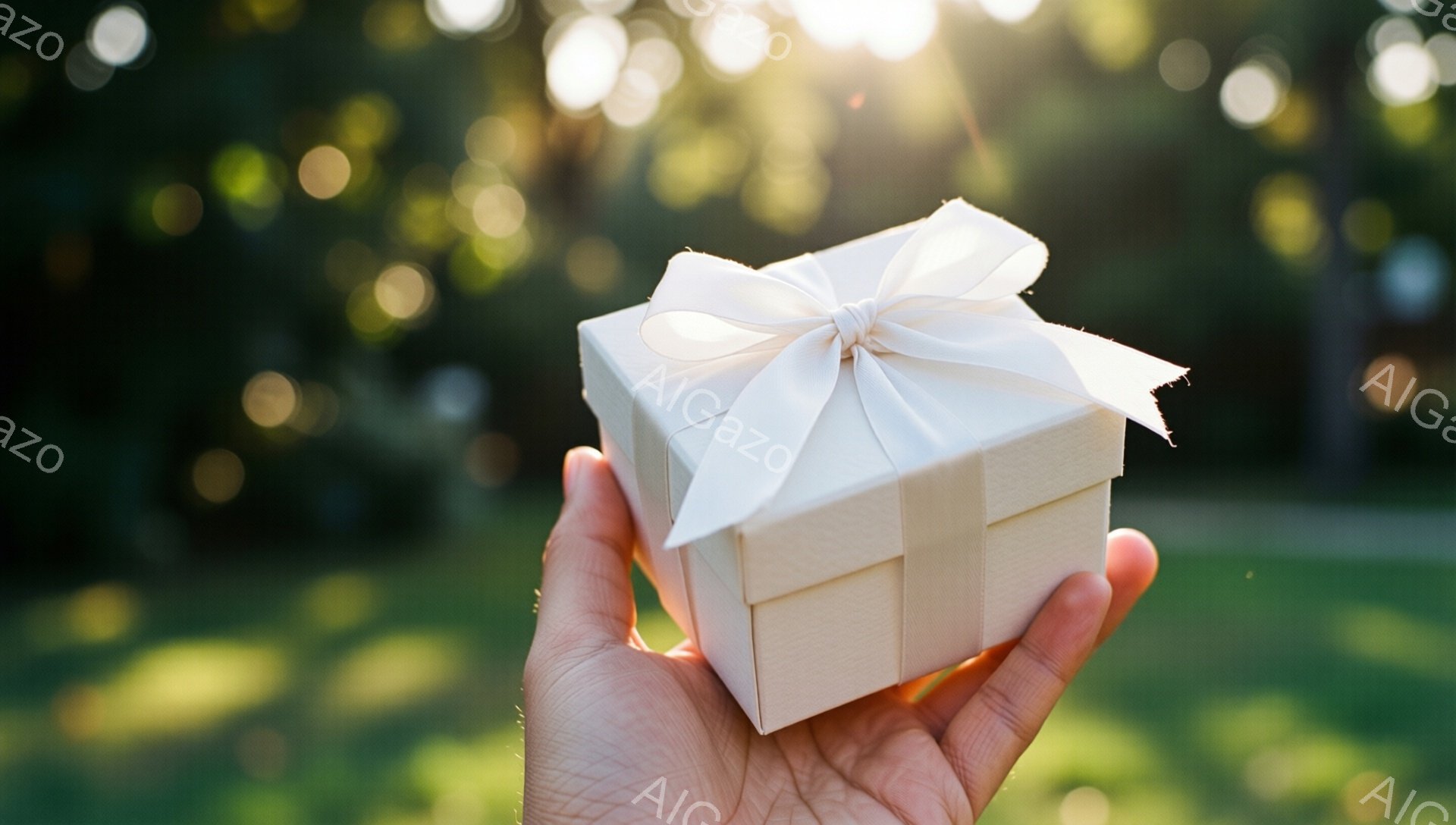 緑豊かな背景の中で、誰かの手が小さな白いギフトボックスを握っています。箱は繊細な白いリボンで飾られており、光が差し込むことで柔らかい雰囲気を作り出しています。背景はぼやけた緑の葉っぱと光の斑点で、温かく穏やかな印象を与えます。