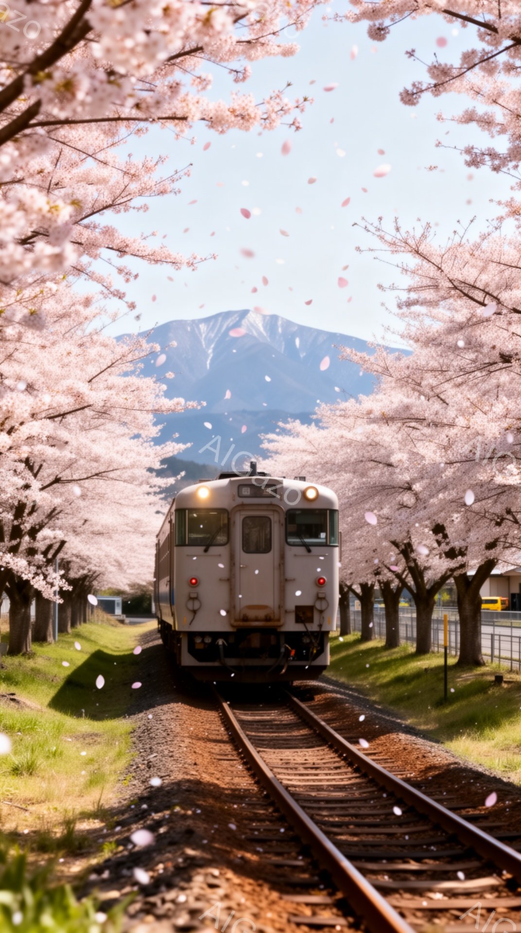 鉄道が桜並木の線路を走っており、満開の桜の花びらが舞い散っている美しい風景です。背景には雪を抱いた山々がそびえ立ち、春の暖かく穏やかな雰囲気を醸し出しています。線路はどこまでも続き、春の訪れを感じさせ - AI生成フリー素材