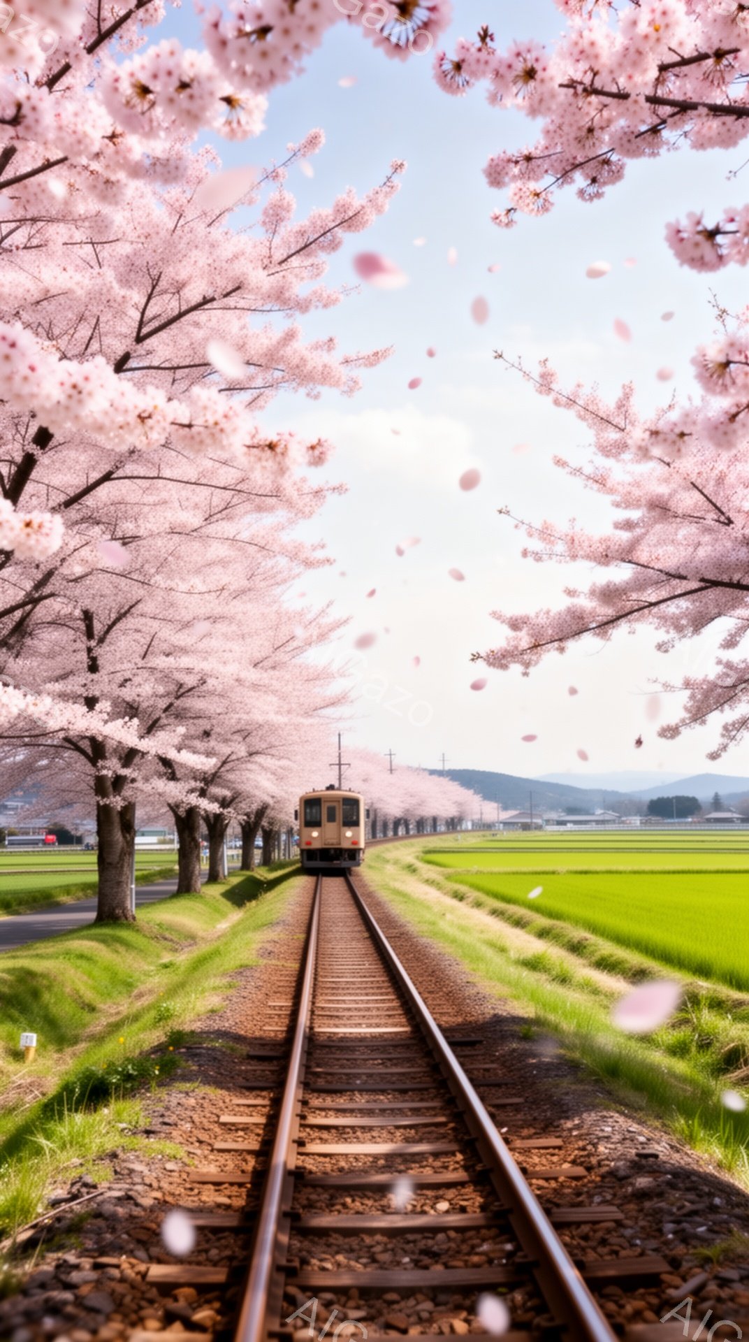 鉄道線路が桜並木の中をまっすぐに伸びており、その先にクリーム色の小さな電車が見える。桜の花びらが舞い散り、春の穏やかな雰囲気を醸し出している。背景には緑の田んぼと、遠くに霞んだ山々が広がり、自然豊かな - AI生成フリー素材